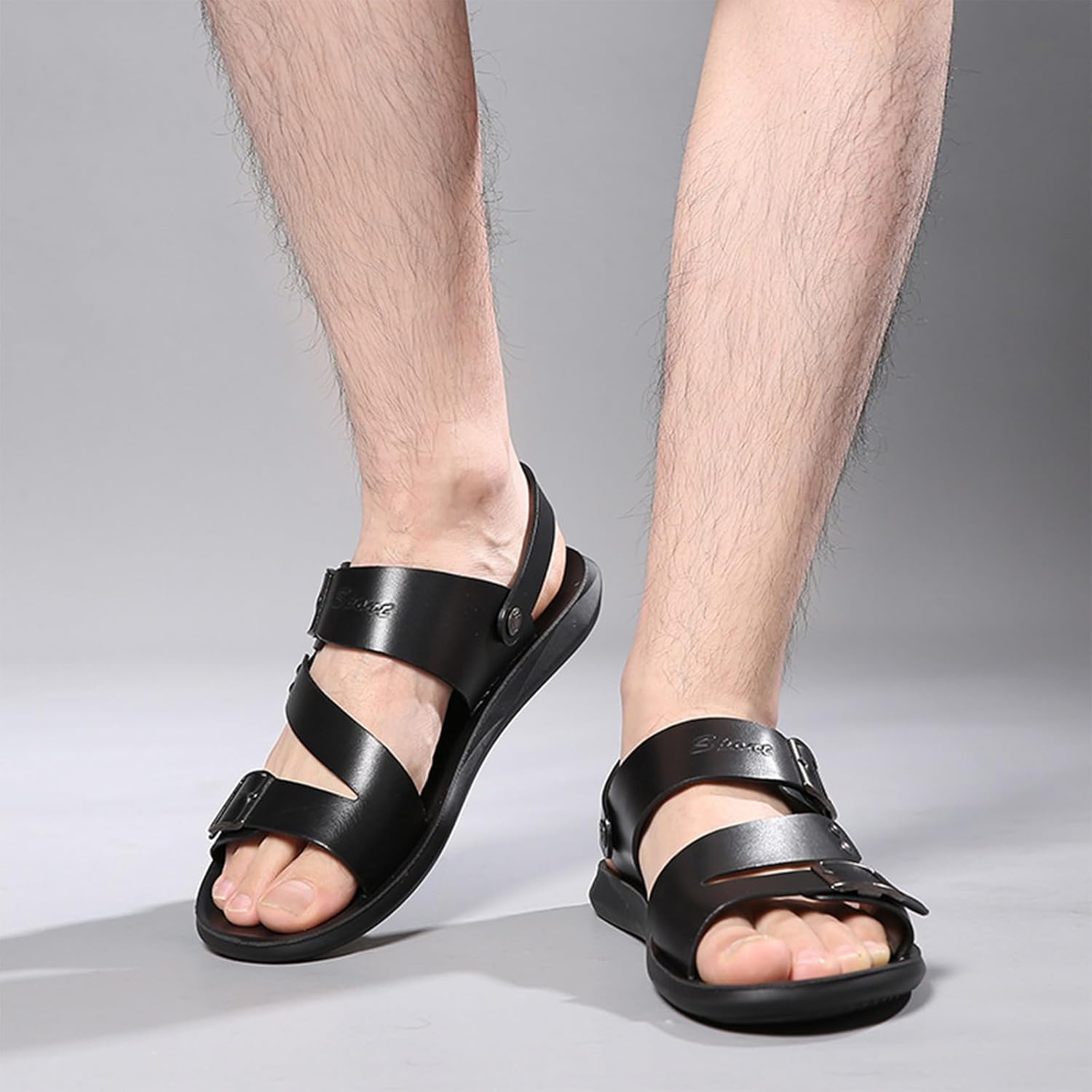 Men's Leather Slip-On Flat Beach Slides Sandals with Adjustable Dual use Ankle Straps Slip-On Fisherman Sandals Lightweight Non Slip Open Toe Casual Sandals