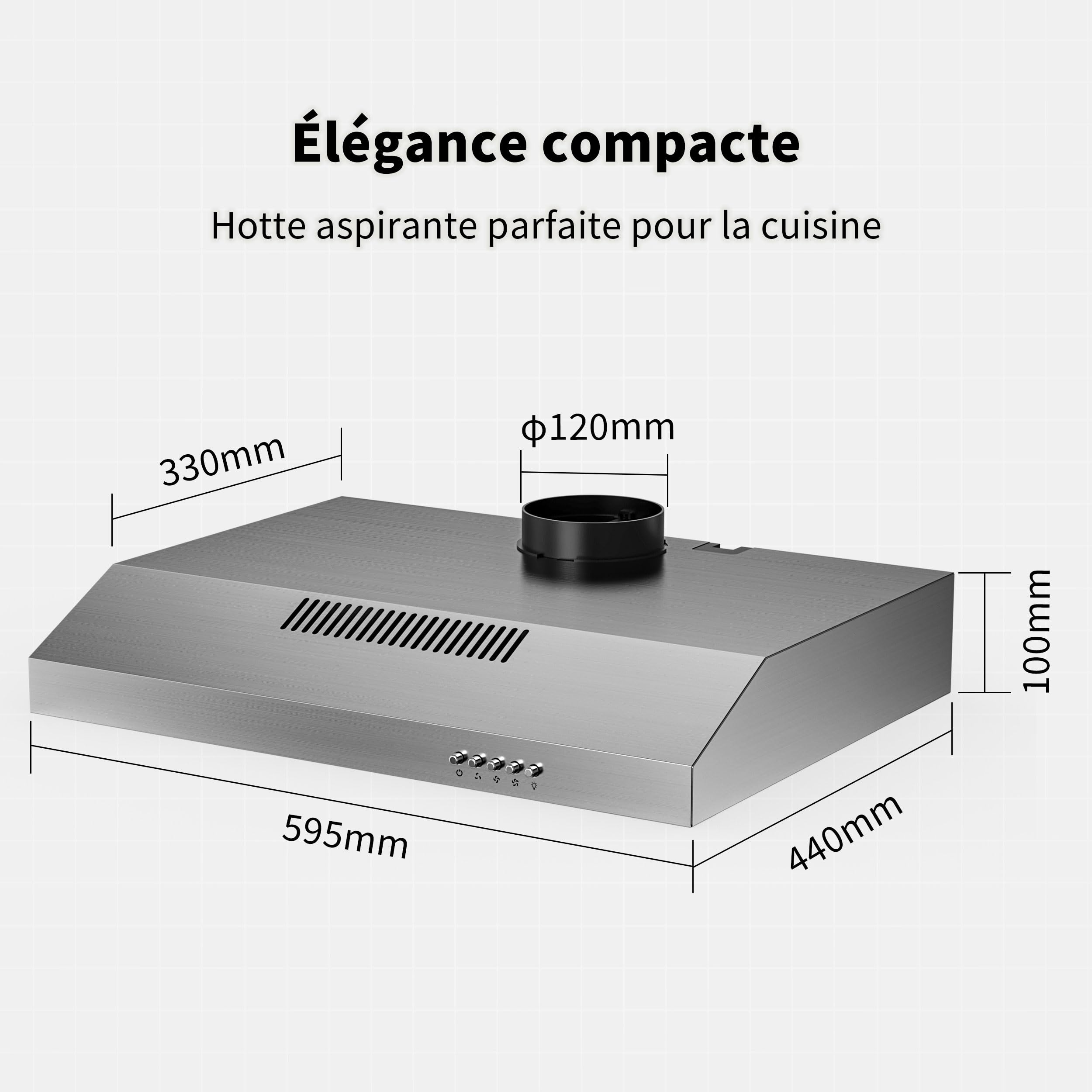 FIREGAS Hotte Aspirante 60 cm en Acier Inoxydable – Moteur Sans Balais, 3 Vitesses, 250 m³/h, Classe Énergétique A+, Faible Niveau Sonore, Installation Murale ou Sous Meuble