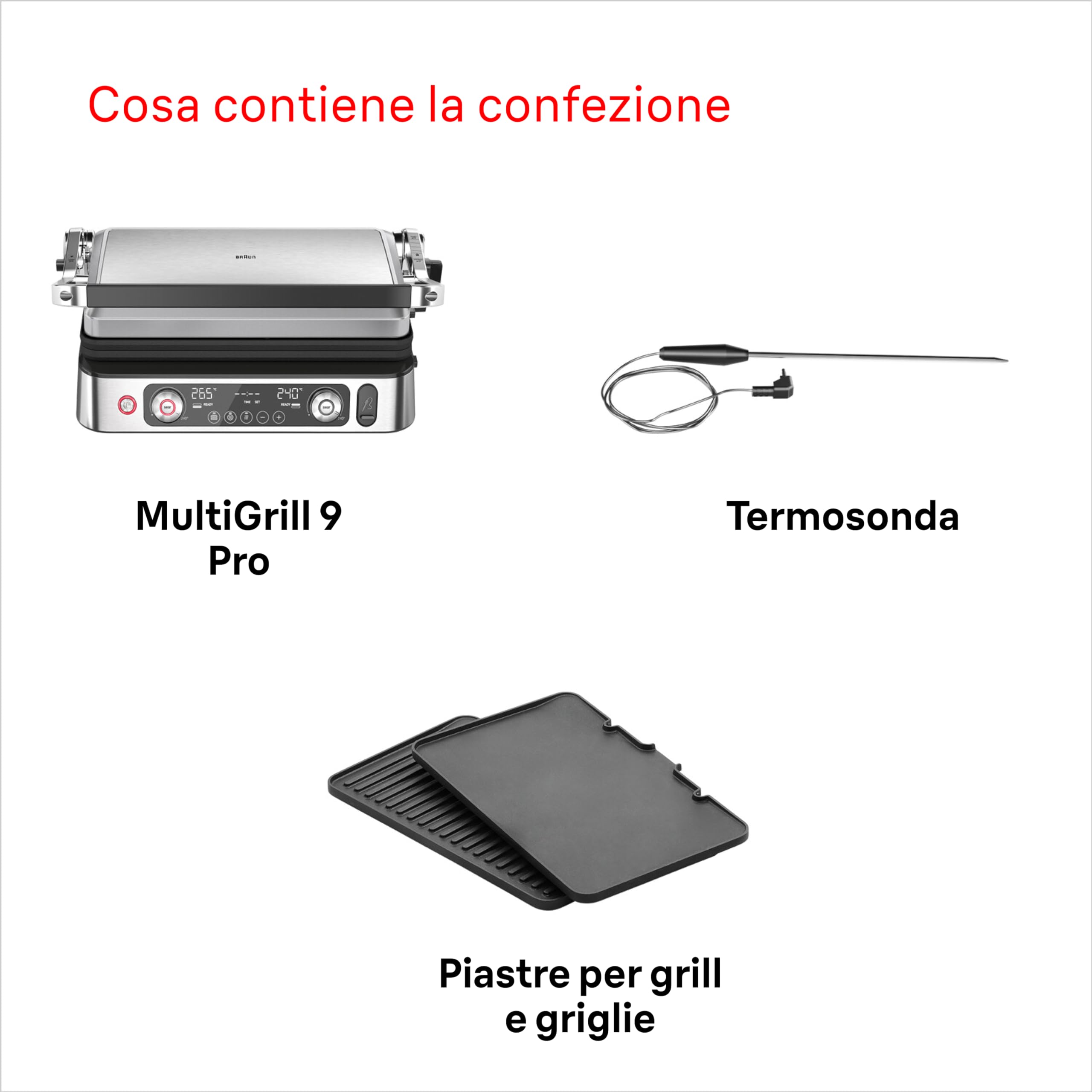 Braun MultiGrill 9 Pro CG 9160, Plancha Eléctrica con 2 Termostatos Independientes, 3 Posiciones de Cocinado, Placas Lavables en Lavavajillas, Sonda Térmica Integrada, 2200 W, Negro/Acero Inoxidable