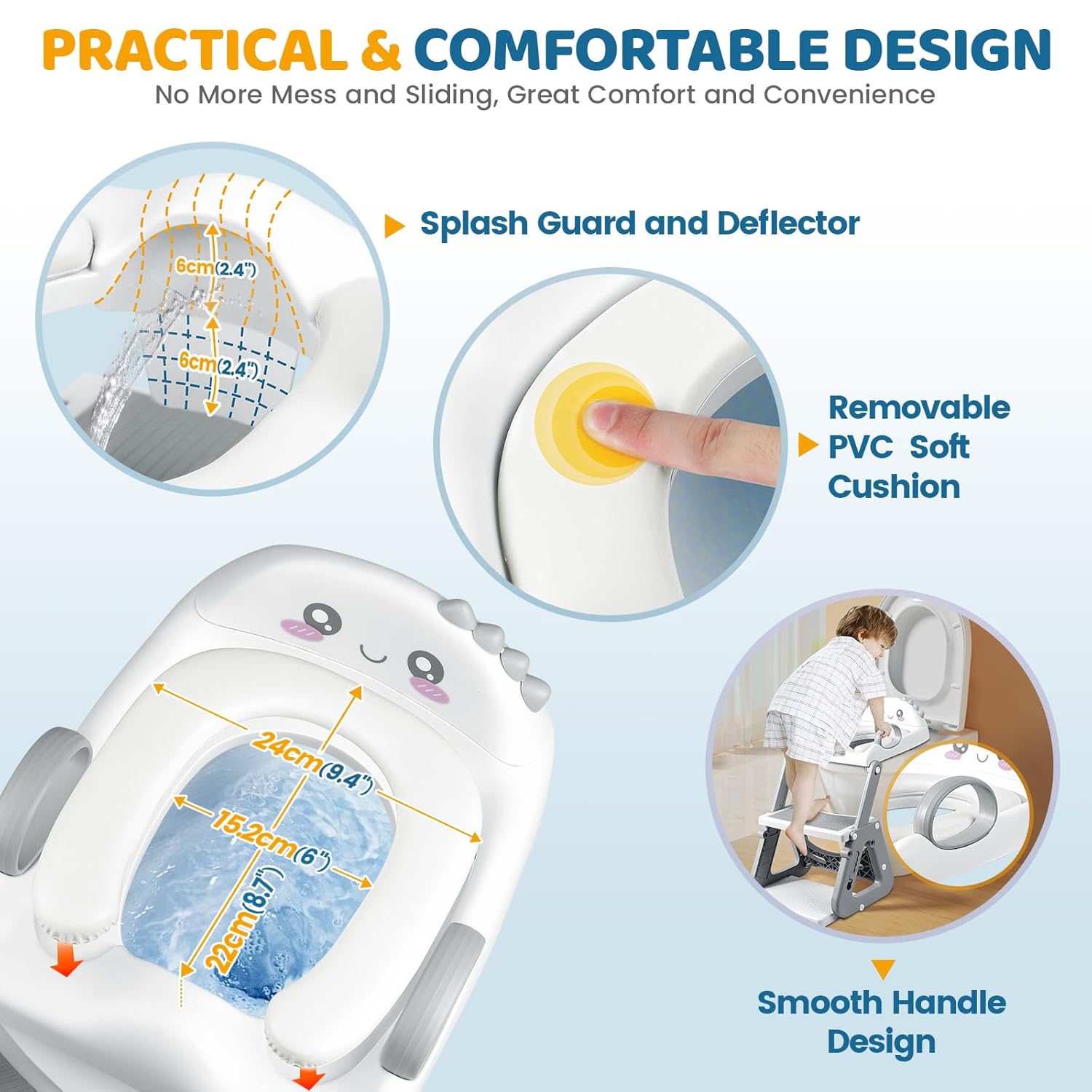 Potty Training Seat with Step Stool, 2-IN-1 Toddler Potty Training Toilet for Kid Boys Girls, Adjustable Toilet Seat for Toilet with ladder, Splash Guard, Anti-Slip Pad and Safety Handle, Gray