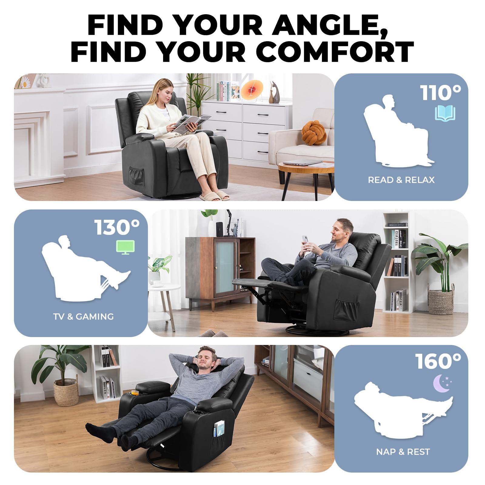 GTPLAYER Sillón de Relax con Respaldo Regulable y Reposapiés, Giratorio 360° en PU, Portavasos y Bolsillos Laterales, Silla Inclinable para TV, Silla de Lectura para Dormitorio, Negro