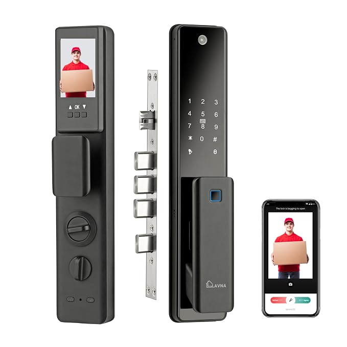 LAVNA Premium Digital Door Lock with Camera N Screen | Fingerprint, WiFi Mobile App, PIN, Card and Manual Key Access | 5-Bolt Security fit with Wooden Doors (LA48, Automatic)