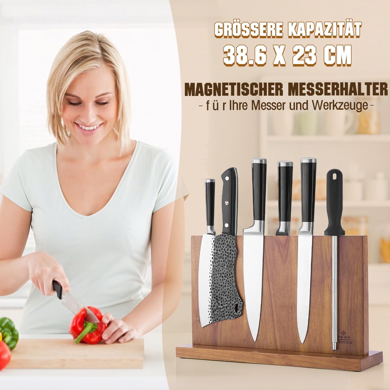 ENOKING Spitzenklasse Plus Messerblock Magnetisch Ohne Messer 38.6 x 23 cm, Doppelseitiger Magnet Messerhalter aus Akazienholz, Magnetischer Messerblock für Besteck-Display und Aufbewahrung