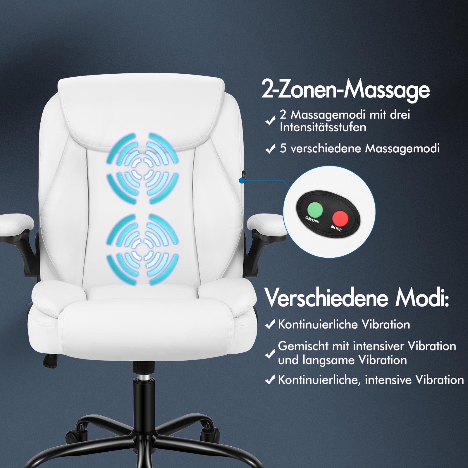 ALFORDSON Ergonomisch Bürostuhl Massage Chefsessel, Schreibtischstuhl Armlehnen höhenverstellbarer, Drehstuhl Wippfunktion 90°-135°, Computerstuhl mit Rollen,Besprechungsstuhl Pu Leder, Weiß
