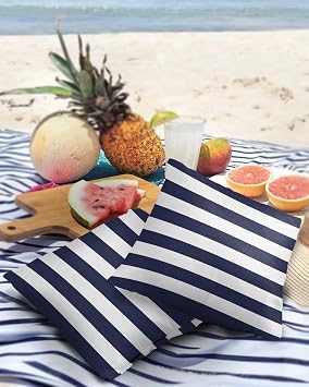 Outdoor Waterproof Pillow Covers for Patio Furniture Solid Nautical Striped Decorative Throw Pillow Cover Navy Blue Pillowcases Set of 2 Cushion Case for Sofa Couch Chair Home Decor 18 x 18 Inches