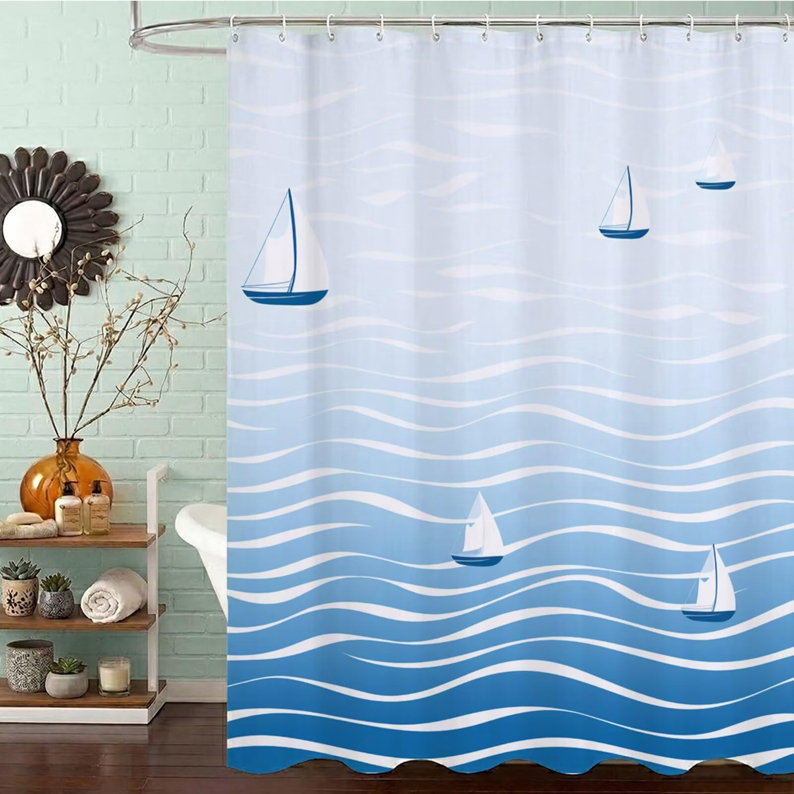Wasserdichter Duschvorhang Anti-Schimmel 200x240 cm, Waschbar Schnelltrocknend Textil Stoff Polyester Duschvorhang Blau Shower Curtain mit Gewicht und 12 Duschvorhängeringen für Badewanne, Meer J8-408