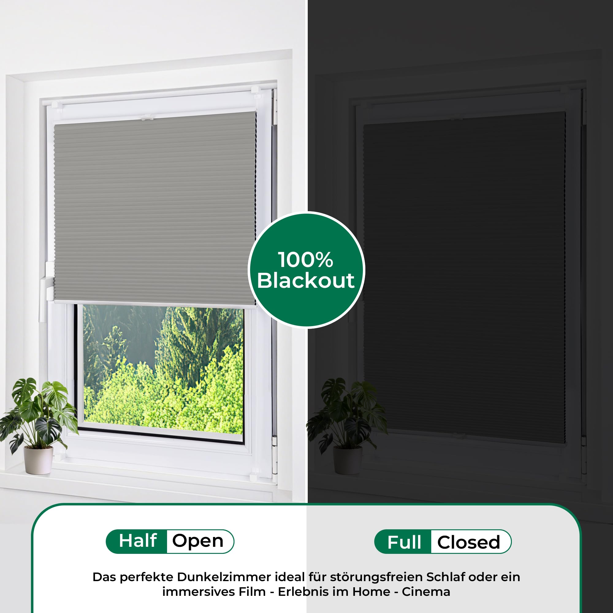 Allesin Wabenplissee ohne Bohren Klemmfix Thermo Verdunklungsplissee 90x190cm(BxH) Grau | 100% Verdunkelnd & Sicht- & Schallschutz | Für Schlafzimmer, Wohnzimmer, Kinderzimmer, Fenster & Tür