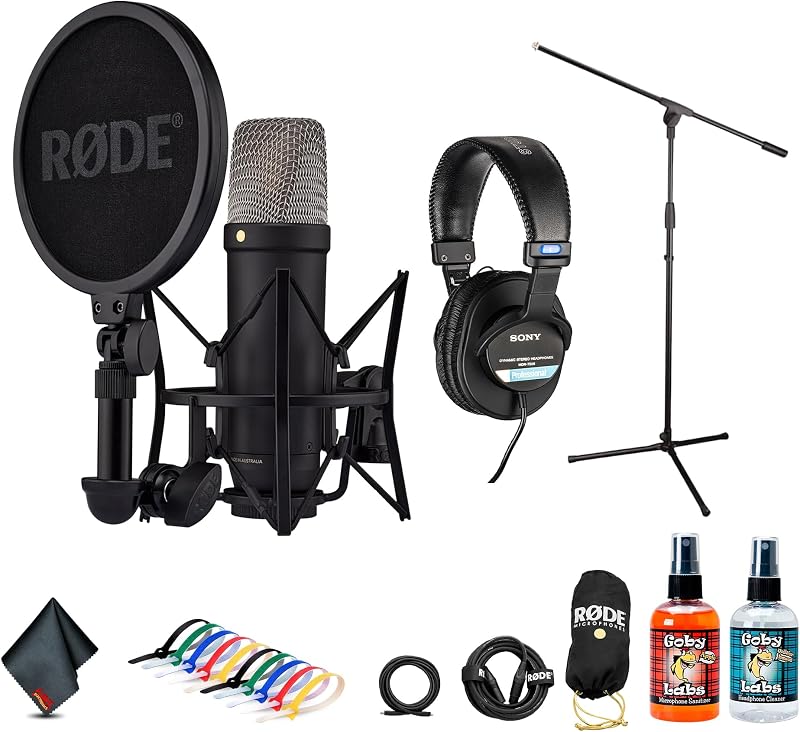 NT1 5th Gen Large-Diaphragm Cardioid Condenser Microphone (Black) | XLR/USB Hybrid Mic for Studio Recording, Vocals, Podcasting & Voiceover (NT1GEN5B) + Headphones + Microphone Floor Stand + More