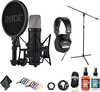 NT1 5th Gen Large-Diaphragm Cardioid Condenser Microphone (Black) | XLR/USB Hybrid Mic for Studio Recording, Vocals, Podcasting & Voiceover (NT1GEN5B) + Headphones + Microphone Floor Stand + More