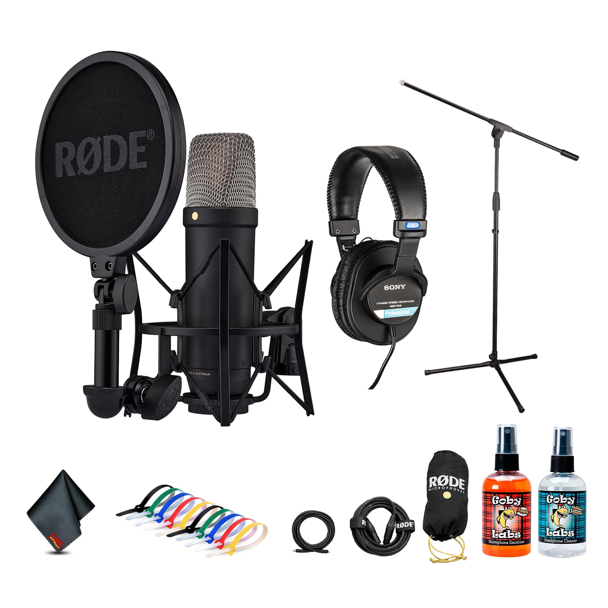 RODE NT1 5th Gen Large-Diaphragm Cardioid Condenser Microphone (Black) | XLR/USB Hybrid Mic for Studio Recording, Vocals, Podcasting & Voiceover (NT1GEN5B) + Headphones + Microphone Floor Stand + More
