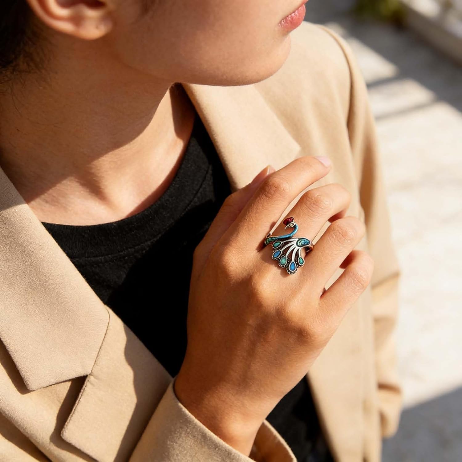 Boho Peacock Finger Ring Blue Peacock Wrap Open Rings Vintage Phoenix Wonder Bird Ring Bird Adjustable Stacking Rings Jewelry for Women - Image 6