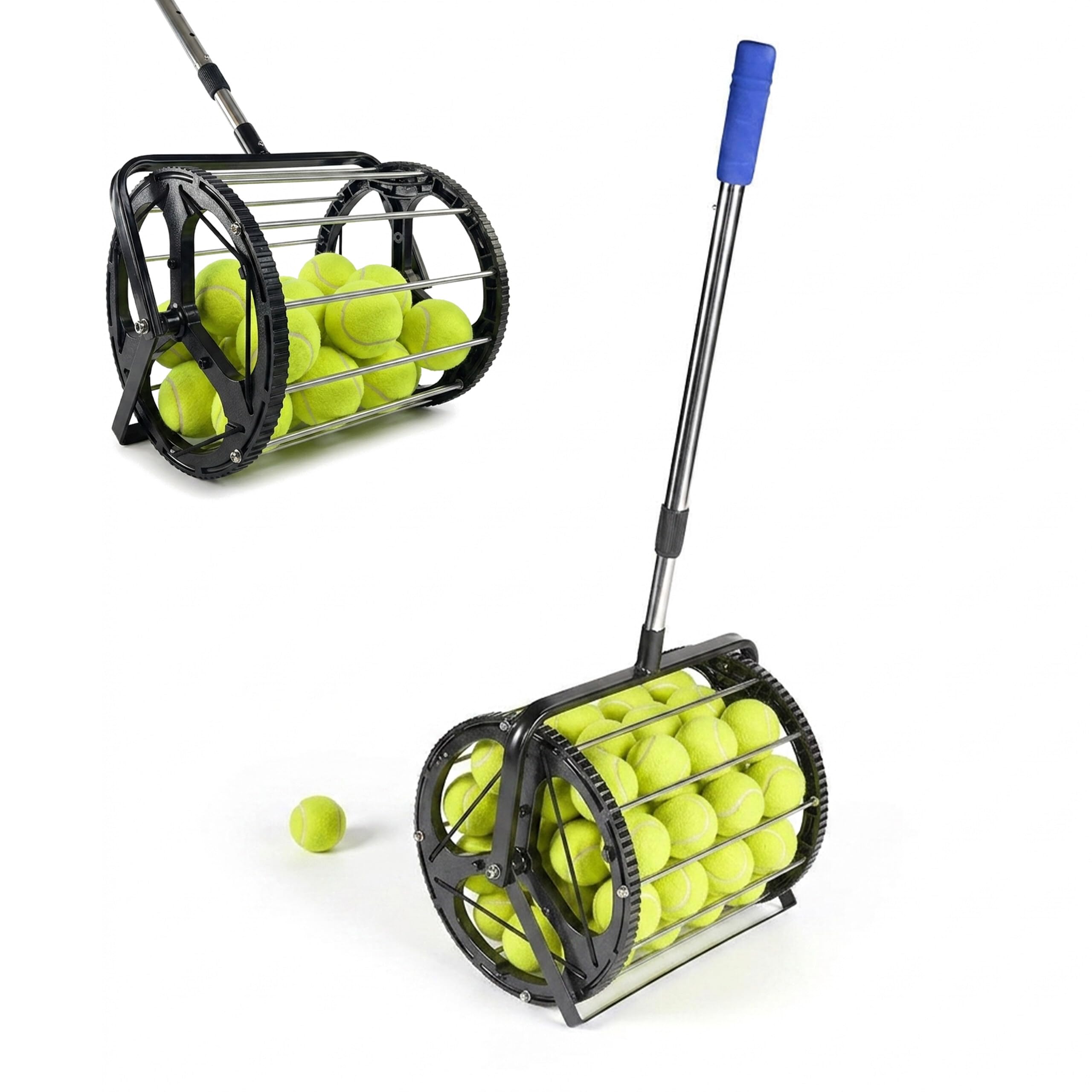 Relaxdays Raccoglitore per Palline da Tennis, 106x29x27 cm, Metallo, Manico telescopico, Ruote, Nero/Argento