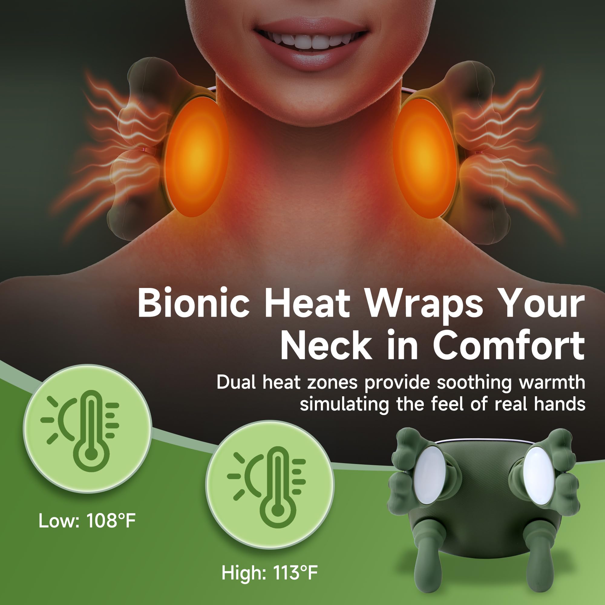 Massaggiatore Cervicale a Mano Bionica, 3 Livelli Intensità e 2 di Calore | Massaggiatore Schiena e Collo Elettrico, Massaggio Profondo per Muscoli Tesi, Allevia Dolori e Affaticamento (Verde)