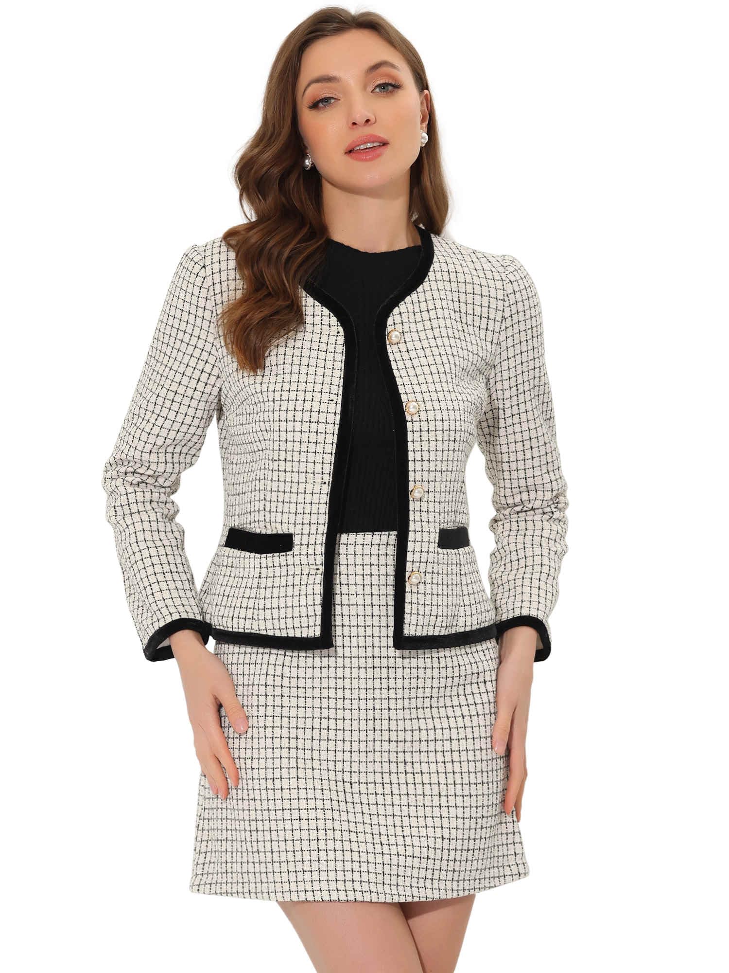 Allegra K Ensemble 2 pièces pour femme, veste blazer courte en tweed écossais et jupe