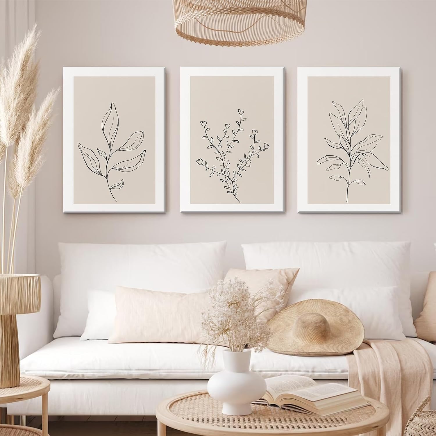 Botanical Wall Art Decor Neutral Wall Decor Boho Beige Canvas Wall Art Botanical Minimalist Pictures Botanical Neutral Prints Beige Posters Boho Artwork for Room Bedroom 12x16x3 Inch Framed