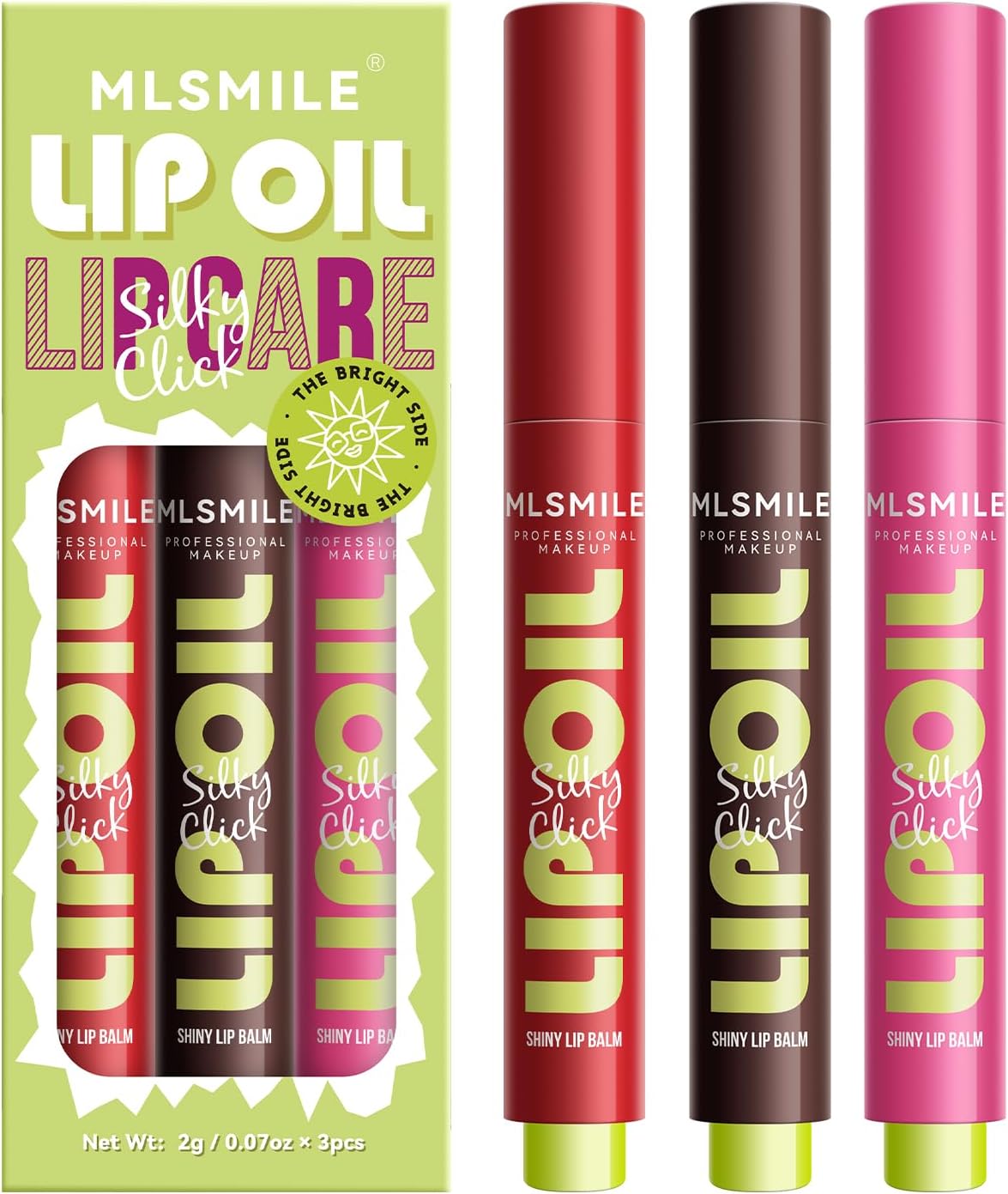 MLSMILE 3 Colors Fat Lip Oil Click Slick,Press Lipstick Set,Moisturizing Lip Balm,High Pigment Glow Lip Oil,Red Lipstick for Women,Pigmented Vegan,Lightweight and Glossy Lip Plumper with Coconut Oil