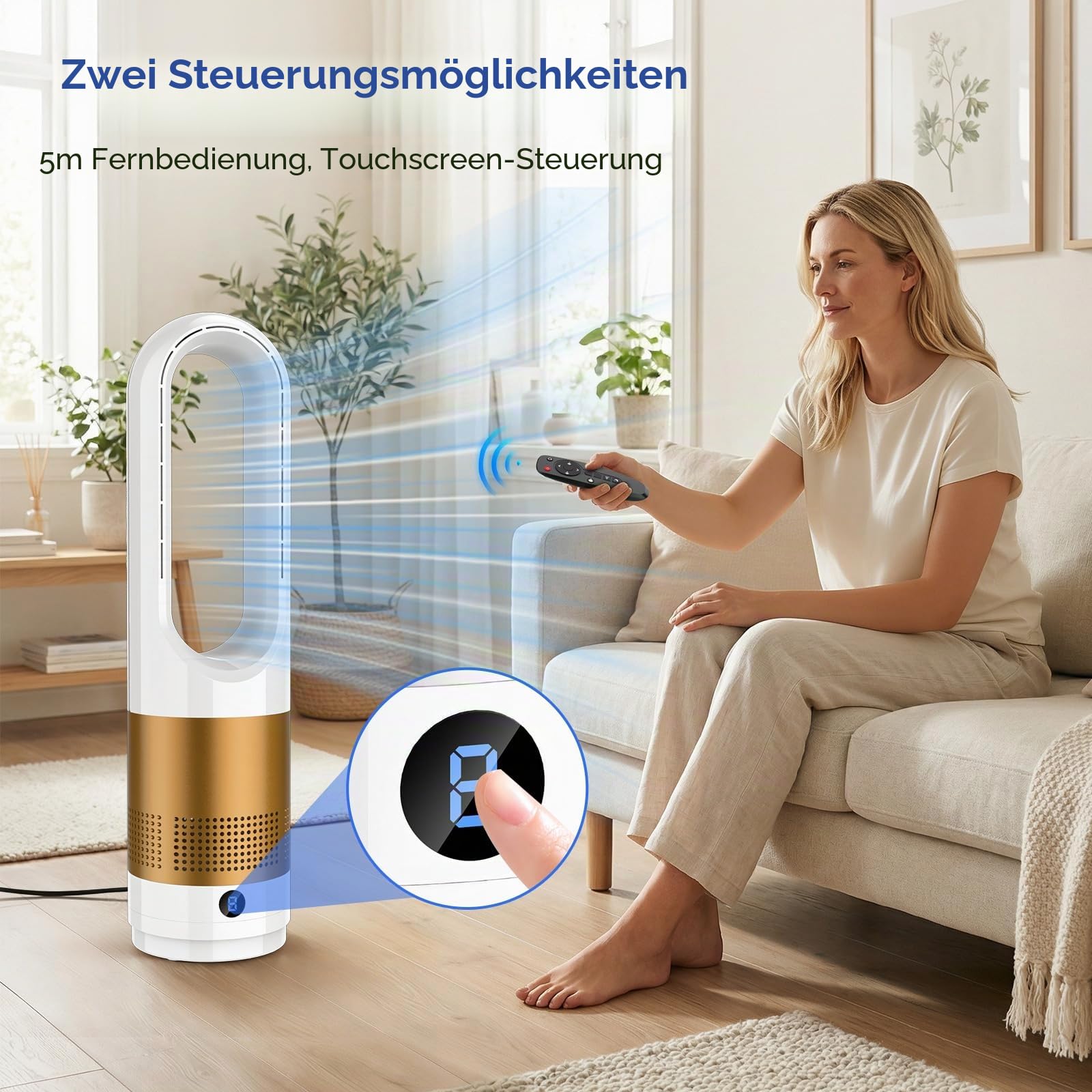 IERAKOR Rotorloser Turmventilator 56cm, Ventilator Leise (Gold) | 8 Geschwindigkeiten, 80° Oszillation, 8H Timer, mit Fernbedienung, sicheres Design für Kinder, für Schlafzimmer und Büro