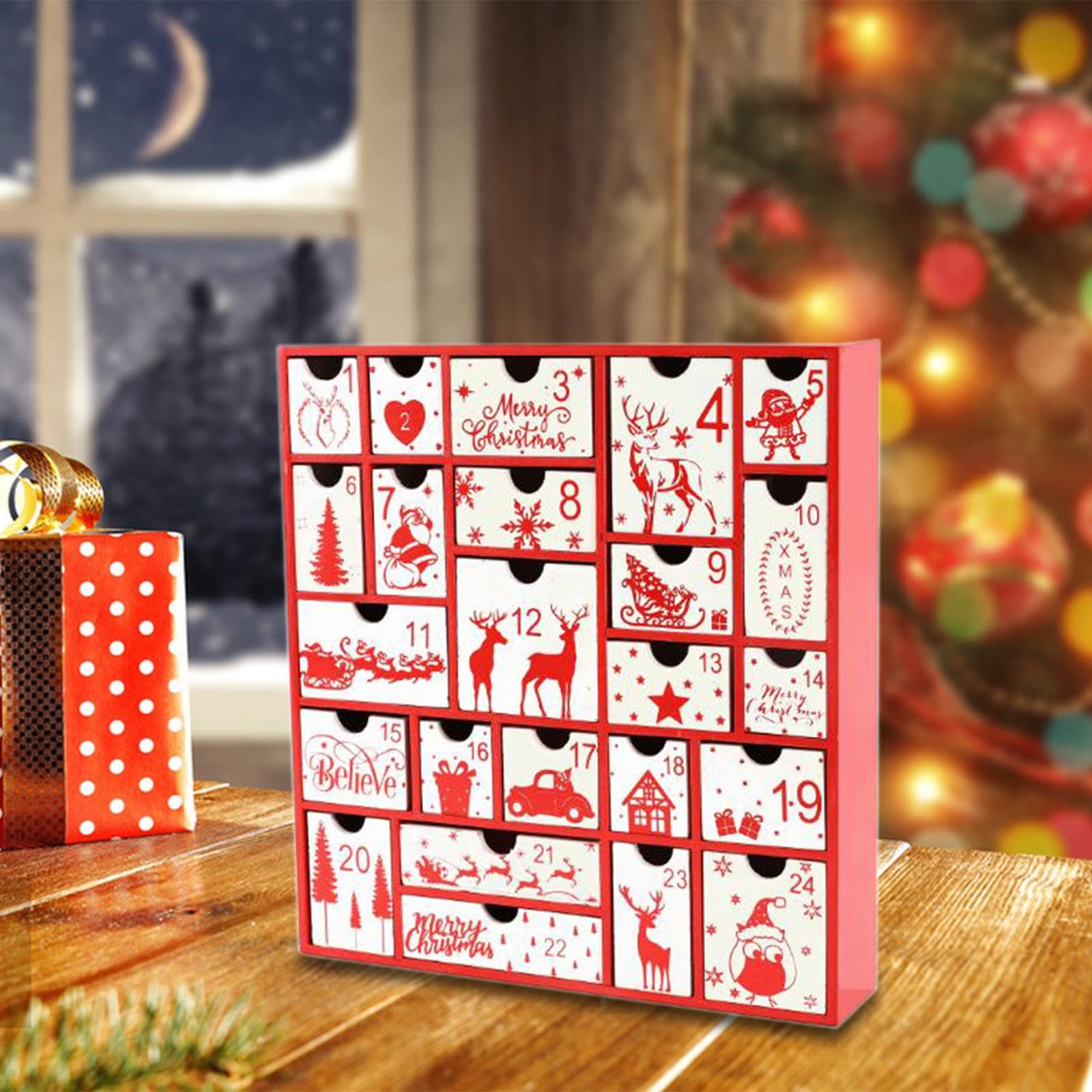 MERIGLARE Calendario de Adviento Caja Navidad Madera Vacía para Rellenar Sorpresas Decoración Tradicional Navideña Adecuado para Regalo Celebración en Casa, Rojo, Individual