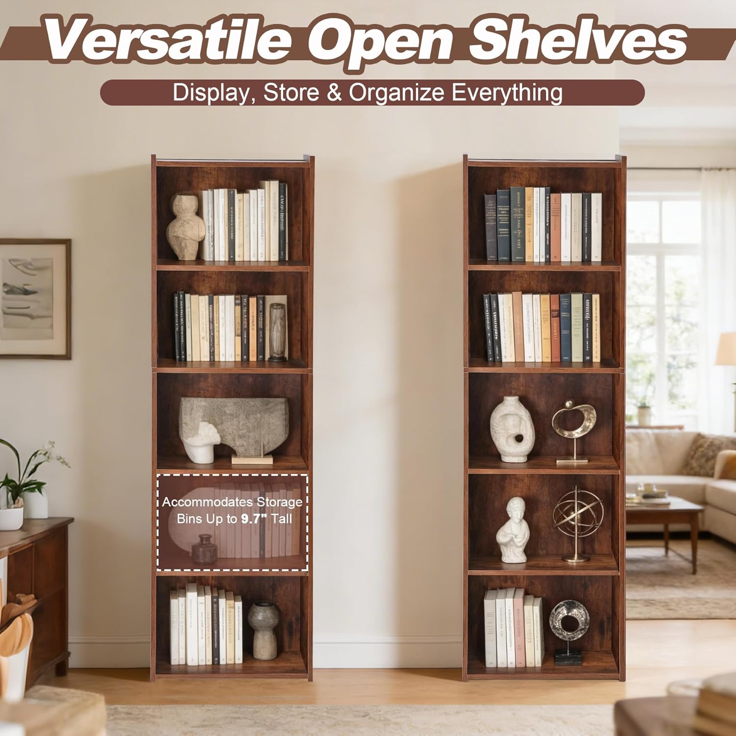 ZENY 5-Tier Shelf Bookcase, Freestanding Wood Storage Display Open Bookshelf for Home Office (Rustic Brown)