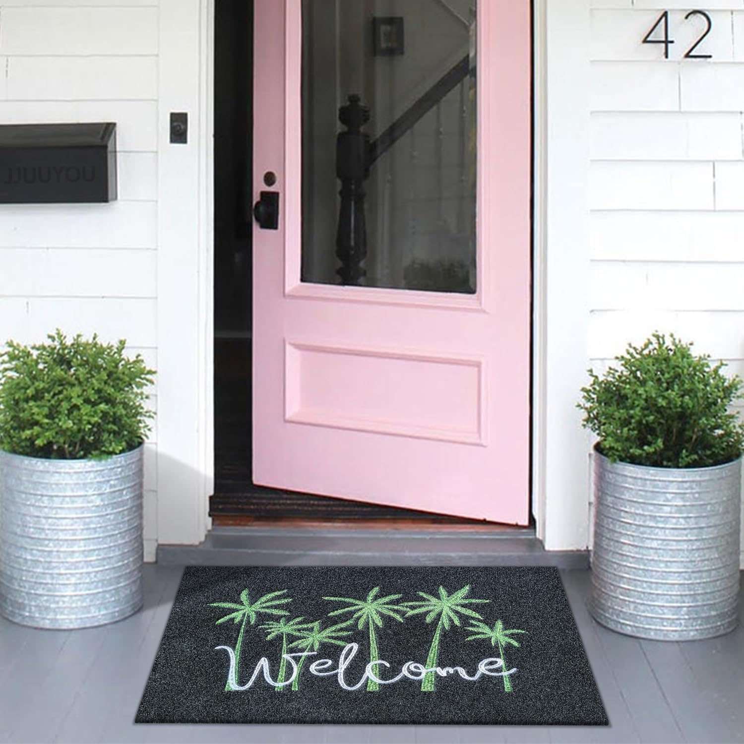 Large Welcome Mat for Front Door Outside Entryway Doormat Non Slip Rubber Backing Palm Trees Doormat Black Low Profile Mats for Entry Garage Patio Shoe Mat 24"x36"