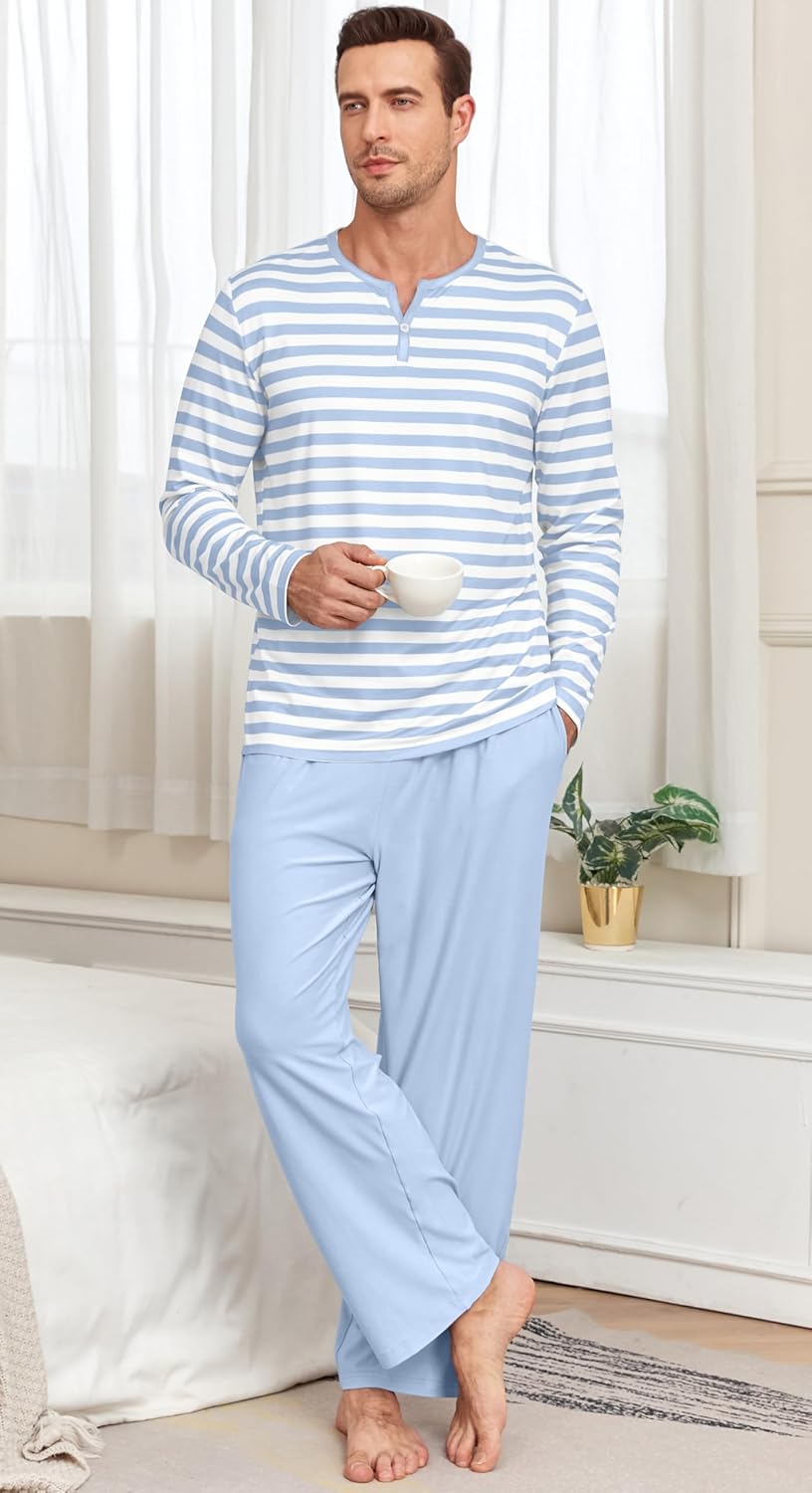 PrinStory Men's Pajamas Set Long Sleeve Pjs 2 Piece Comfy Pajama Sleepwear Henley Loungewear Sets with Pockets - Image 5