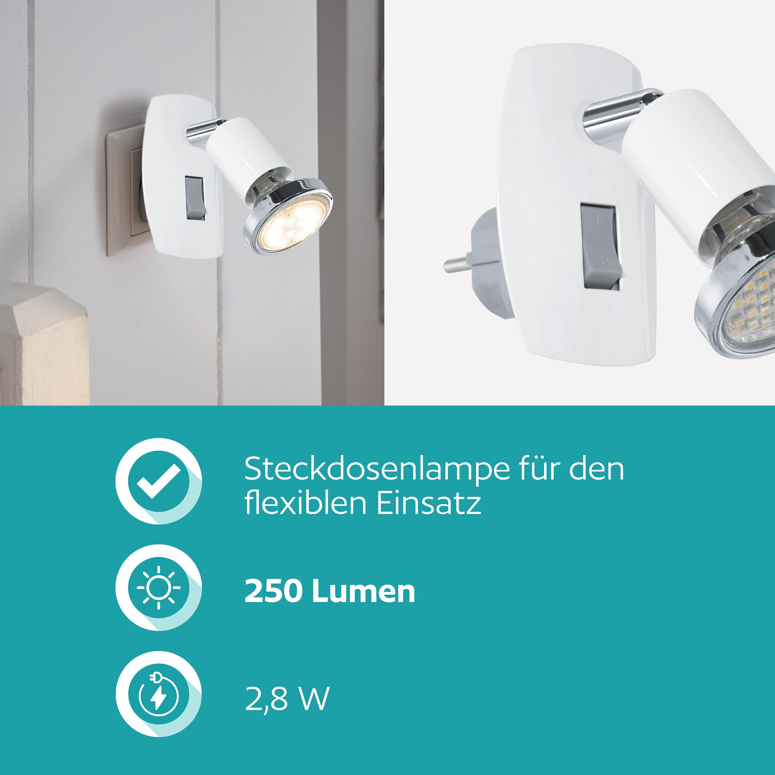 EGLO LED Steckdosenspot Mini, Steckdosenlampe mit Schalter, Leuchte Steckdose schwenkbar, Stahl in Weiß und Chrom, Fassung: GU10, inkl. Schalter