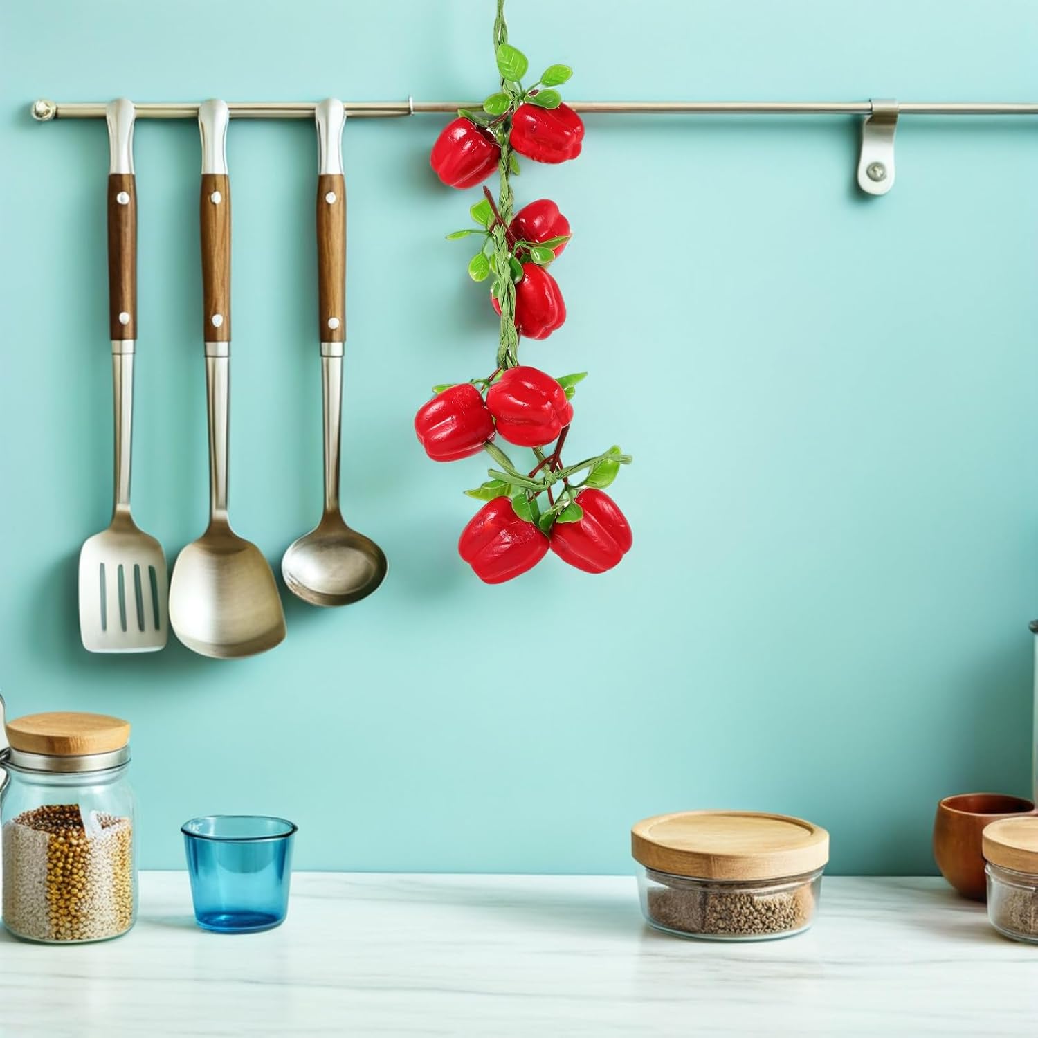 LOGOFUN 5PCS Artificial Hanging Chili String with Leaves Fake Realistic Vegetable Ornaments for Decorative Photography Props Home Kitchen Decor