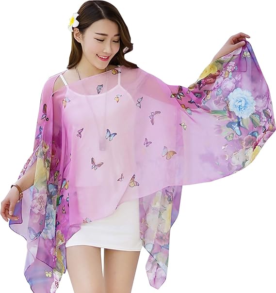 Amazon M Tivance 夏 ポンチョ シースルー ストール ビーチワンピース 使い方いろいろ 蝶 フラワー シフォンストール 蝶パープル ファッション小物 通販