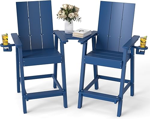 FOOWIN Juego de 2 sillas Adirondack altas Adirondack de polietileno de alta densidad con bandeja de conexión y portavasos, sillas de balcón