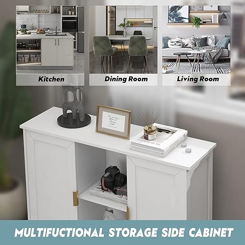 Miniatura 3 de TaoHFE Gabinete Buffet Blanco con Almacenamiento, Aparador Estrecho de Madera Gabinetes de Entrada, Gabinete Blanco Moderno con Puertas Credenza