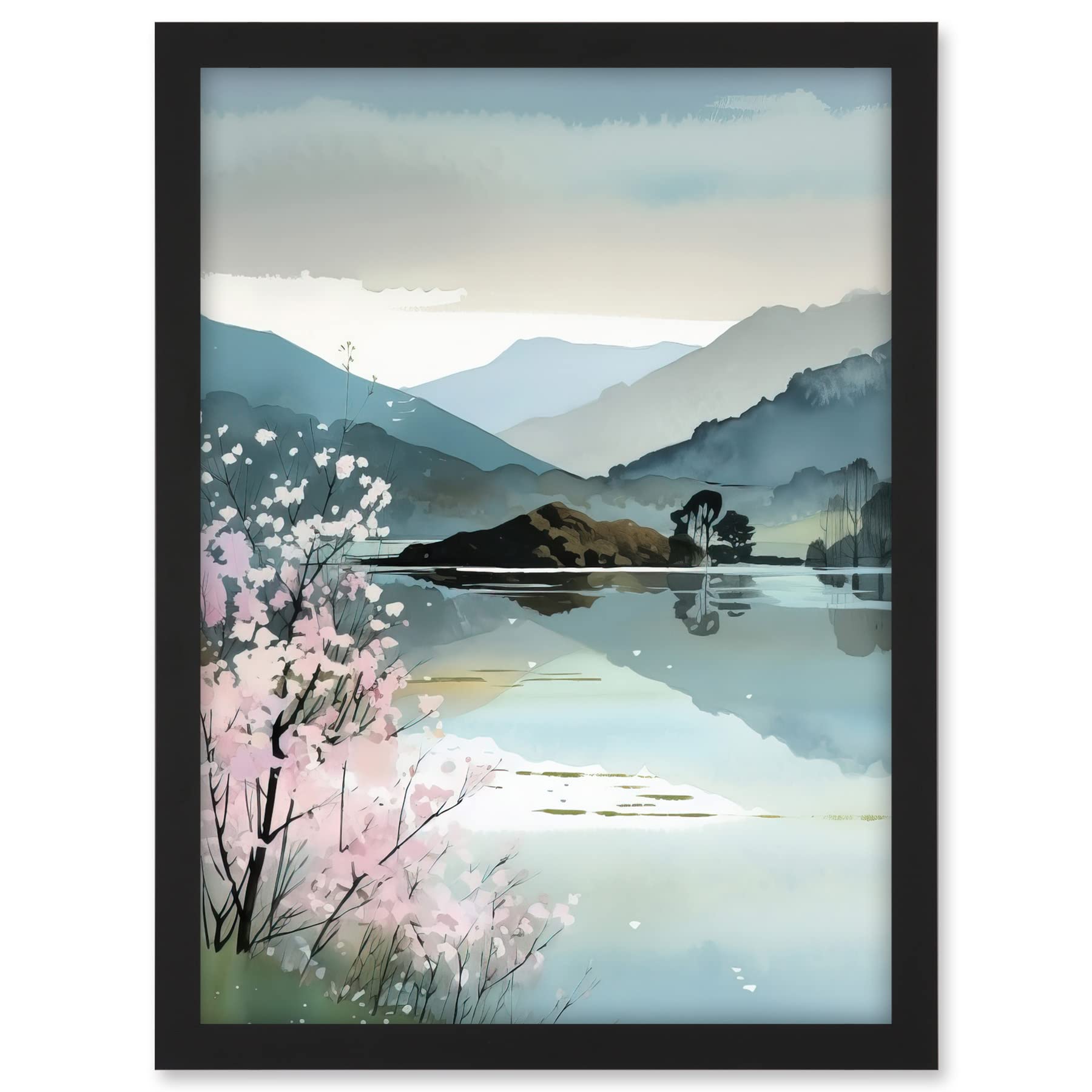 Artery8 Lakeside Landscape with Cherry Blossom Tree Modern Watercolour Painting Artwork Framed A3 Wall Art Print