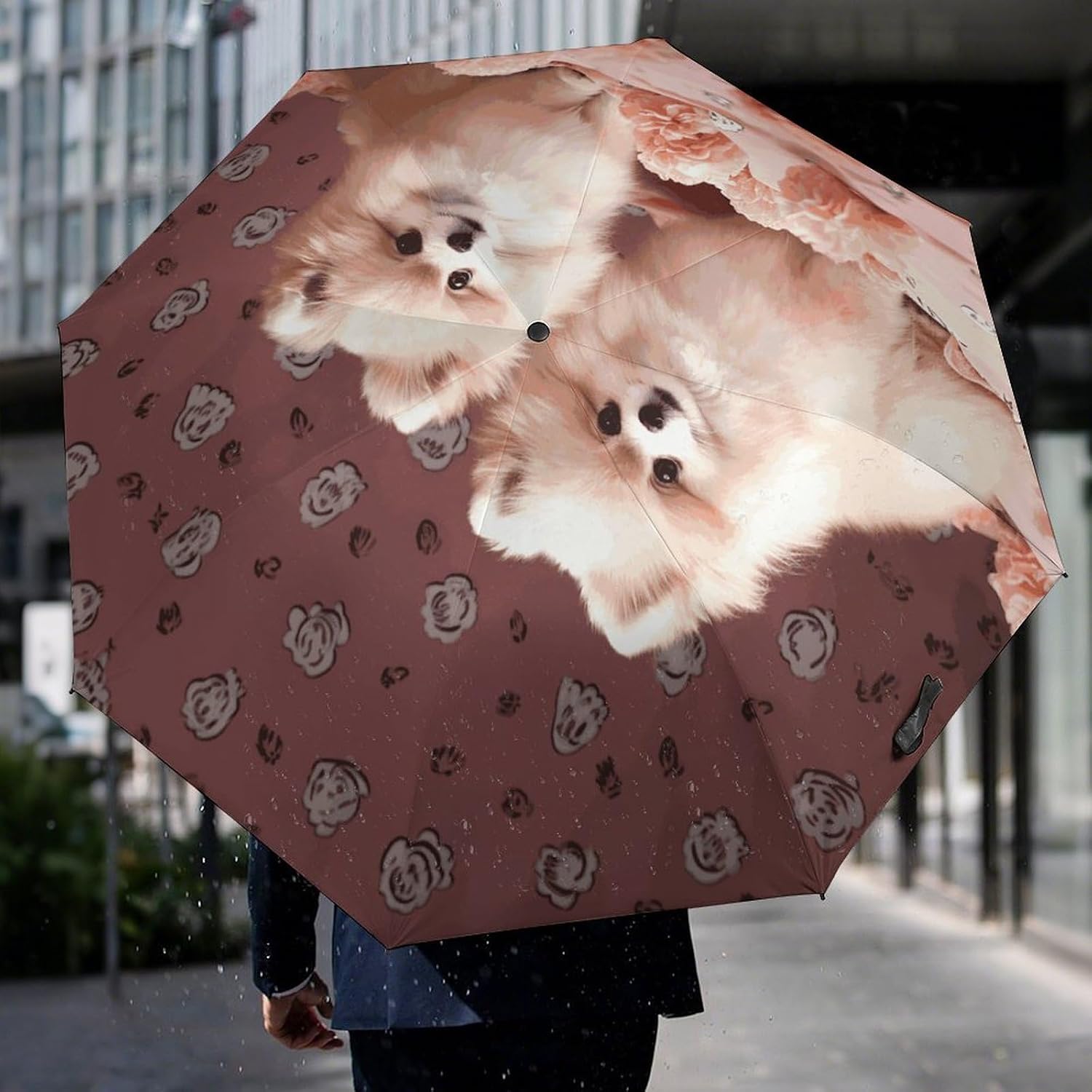 Pomeranians Puppies And Point Water Repellent Compact Umbrella，One-Click Automatic Open And Close Umbrellas，lightweight And Portable，Travel Umbrella Can Be Placed in A Briefcase, Backpack, Suitcase.