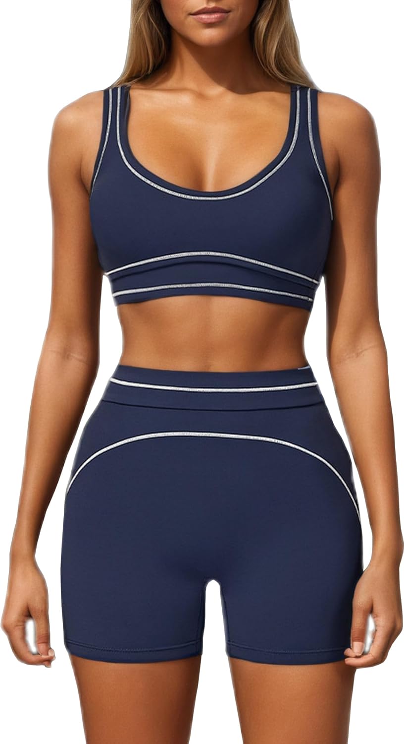 2 Piece Workout Sets for Women Color Block Sports Bra and Scrunch Butt Lifting Gym Shorts Yoga Outfits