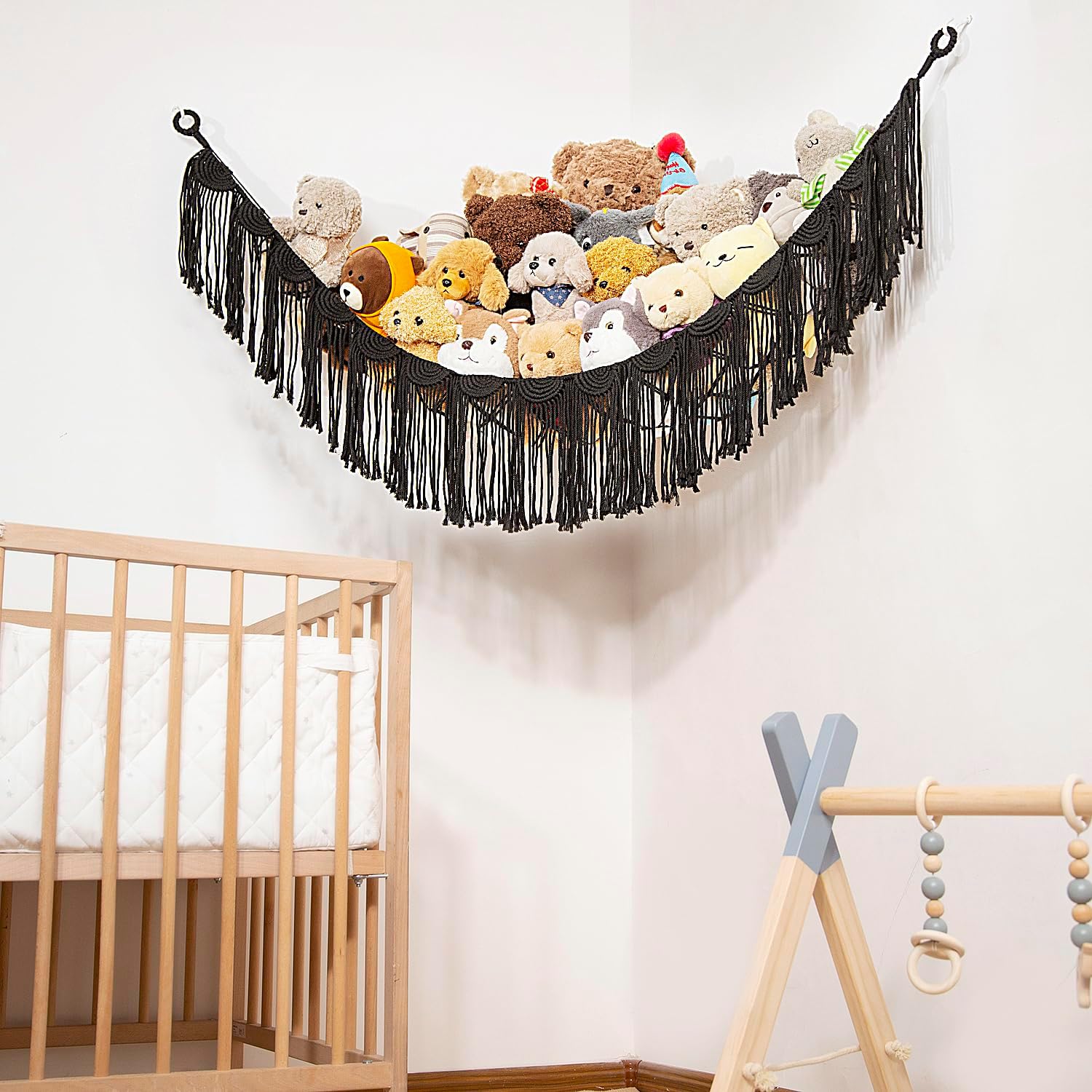 Amdermi Stuffed Animal Hammock Corner Hanging Net for Toy Organizer Playroom Stuffed Animal Toy Hammock Macraem Toy Display Plush Toy Holder for Bedroom (Black)