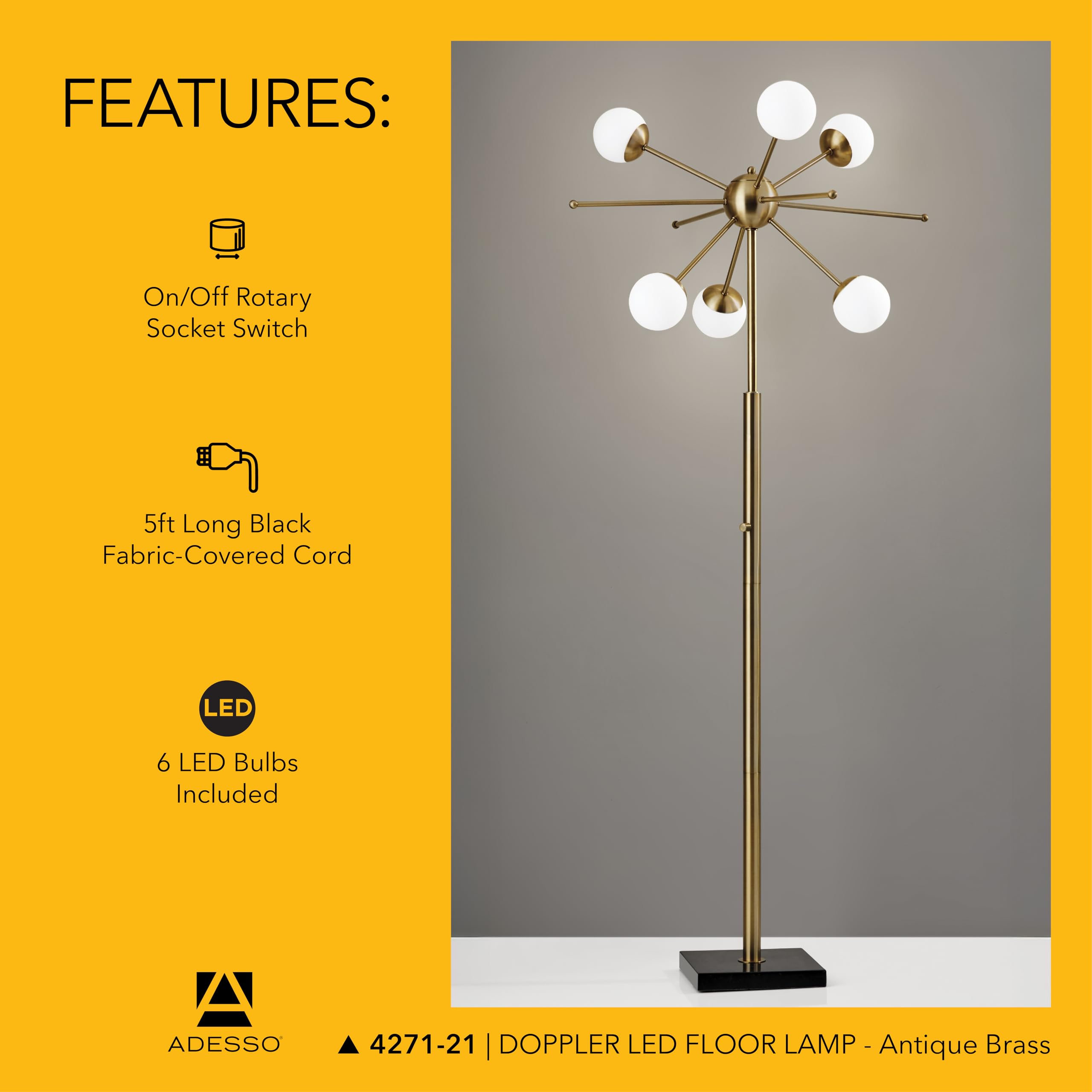 Adesso Antique Brass LED Floor Lamp with White Opal Shades