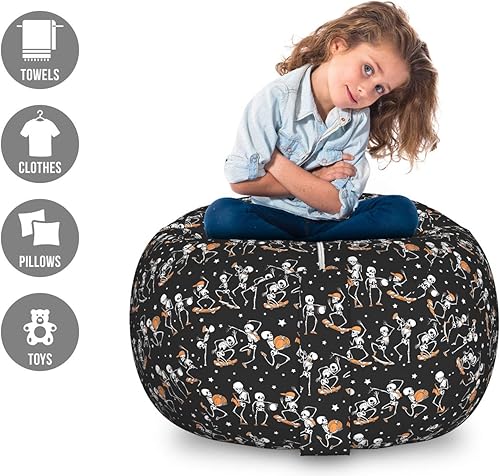 Miniatura 2 de Ambesonne Bolsa de juguetes de almacenamiento de Halloween, esqueletos con calabazas músico patinador sobre fondo oscuro, organizador de animales de