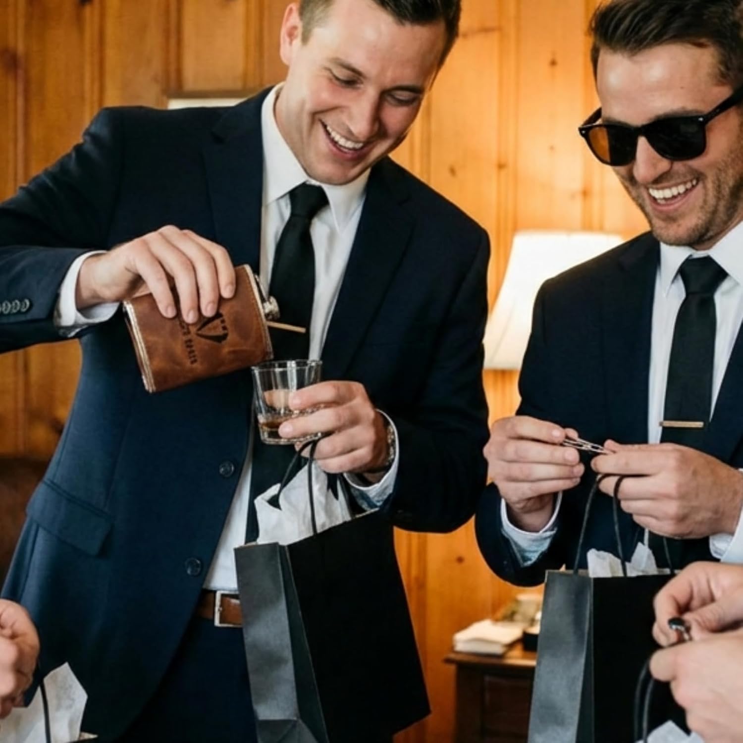 8 Sets/ 80 Pcs Groomsmen Gifts Set Groomsmen Proposal Box Gifts with Flasks Shot Glasses Socks Cuff Collar Clip Sunglasses Bottle Opener for Wedding Grooms Men Best Man Bachelor Party Favors