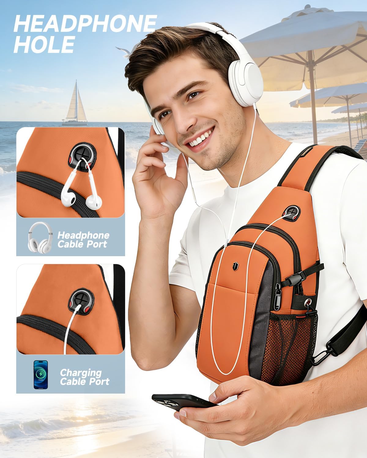 Anti-Theft Sling Bag for Men, Water Resistant Crossbody Backpack, Travel Hiking Chest Pack Fits iPad Mini & Switch 2 (Orange-Side Pocket) | Versatile Daypack, Versatile Daypack, lightweight, Built-in Audio Port, Reversible Strap, Tough & Splashproof