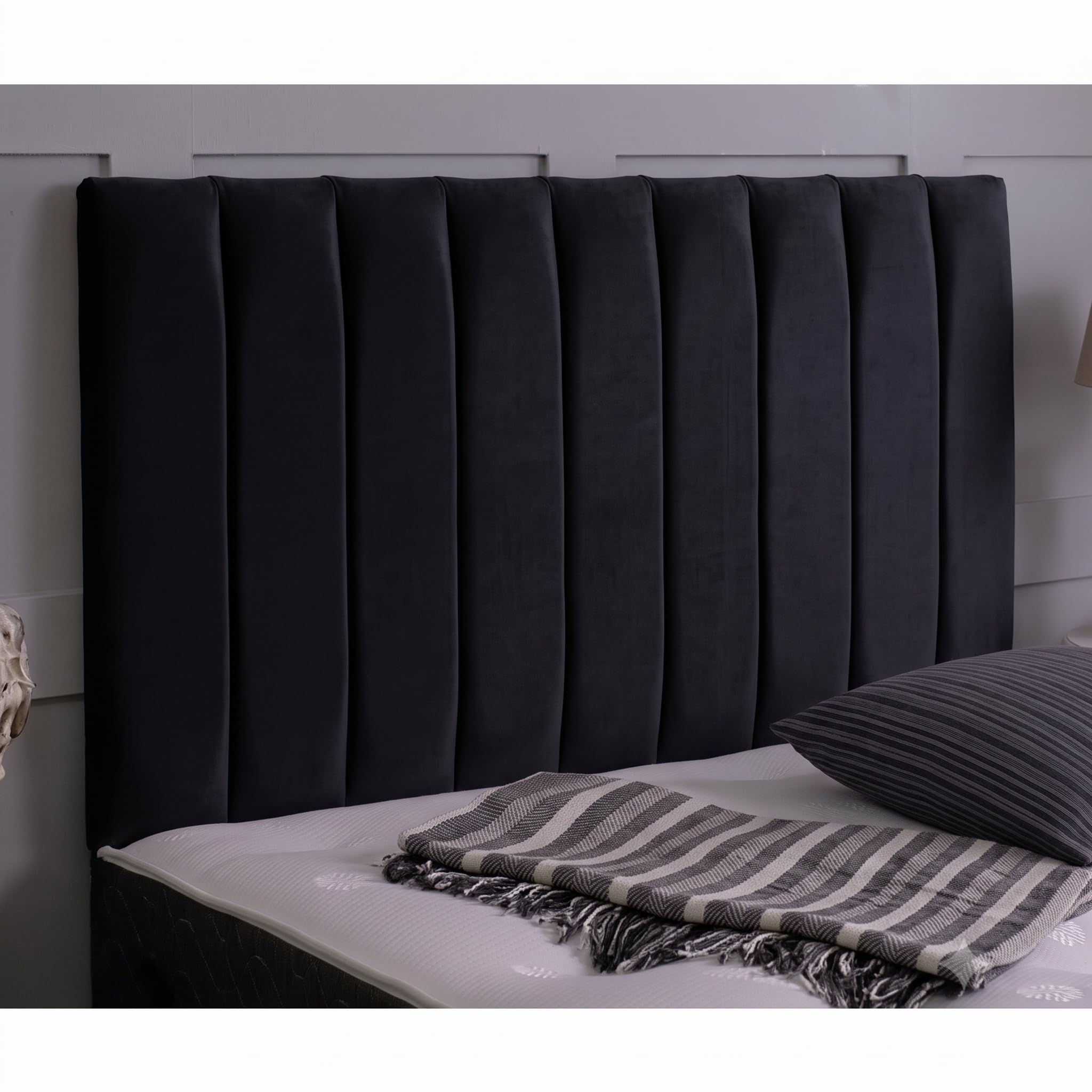 hm bedding Velvet Upholstered Headboard for Divan Beds – 20-Inch Lined Extra Padded Plush Headboard with Wooden Struts – Luxury Bedroom Furniture (Black, King)