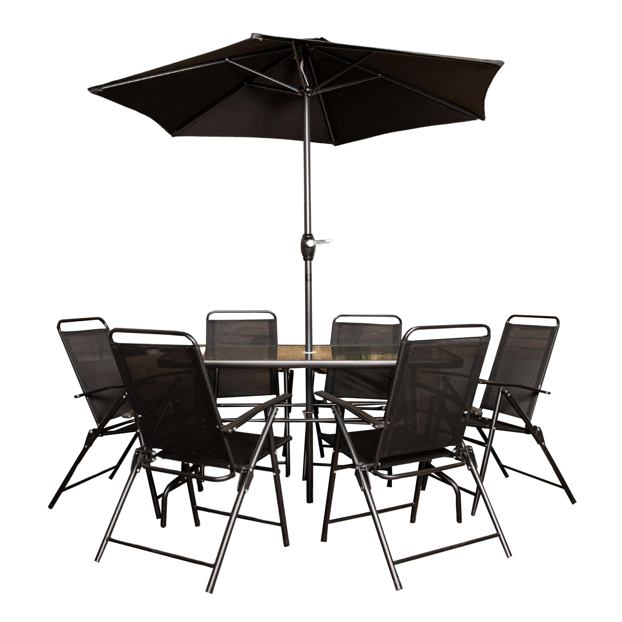Samuel ALEXANDER Outdoor 6 Seater Glass Top Table and Chairs Patio Set with Parasol in Black
