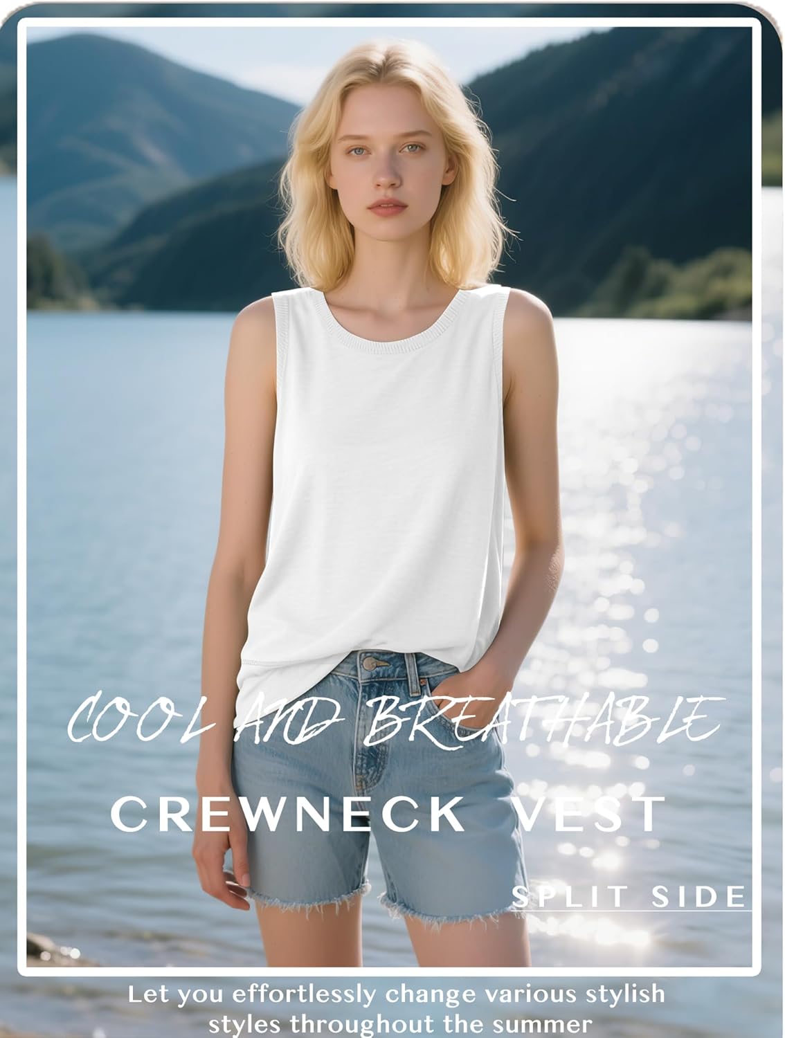 Ficerd 3 Pack Women's Sleeveless Tank Tops, Crewneck Summer Split Side Ribbed Trim Loose T-Shirt Casual Basic Tee Vest - Image 5