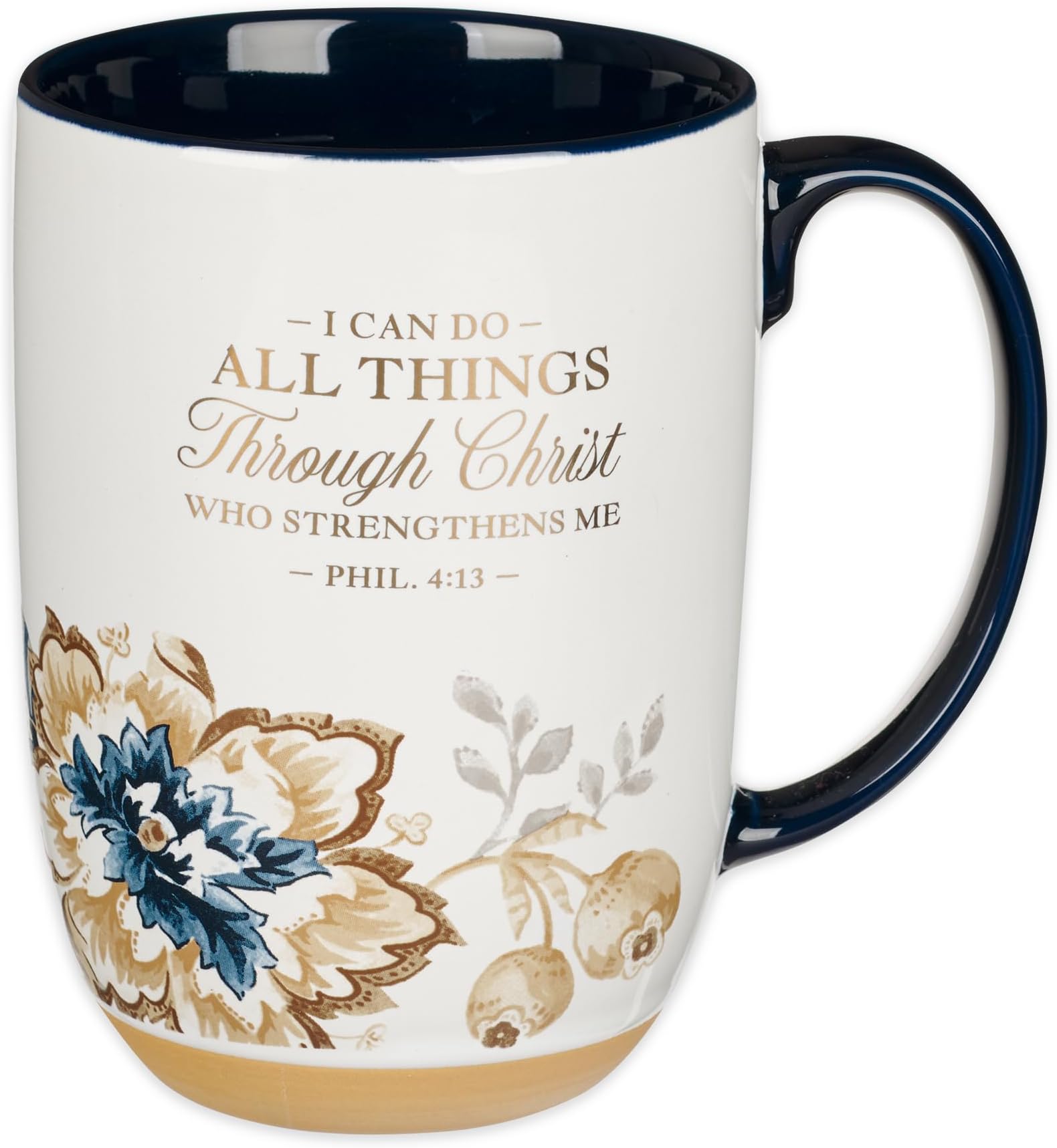 Christian Art Gifts Large Ceramic Coffee & Tea Scripture Mug for Women: All Things Through Christ Encouraging Gold Bible Verse, Non-toxic Cute Brown & Blue Floral Cup, Creamy White & Dark Blue, 15 oz.
