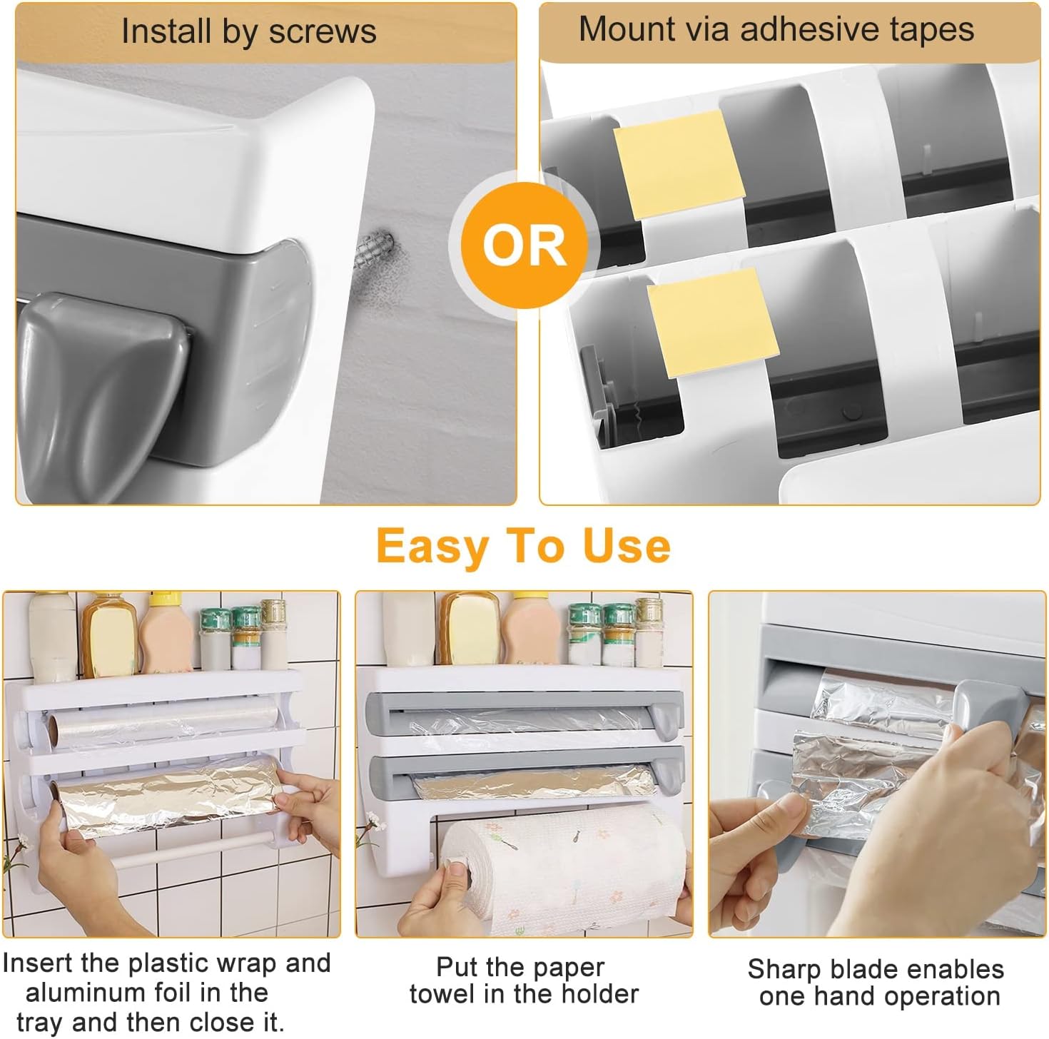 iMounTEK Kitchen Roll Dispenser Paper Roll Holder Plastic Wrap Film Foil Paper Organizer w/Cutter Wall Mounted for Kitchen Bathroom