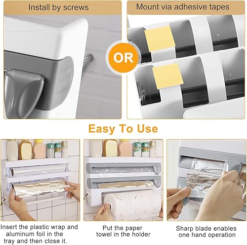 Miniatura 8 de iMounTEK Dispensador de rollos de cocina, soporte de rollo de papel, organizador de papel de película de plástico con cortador montado en la pared