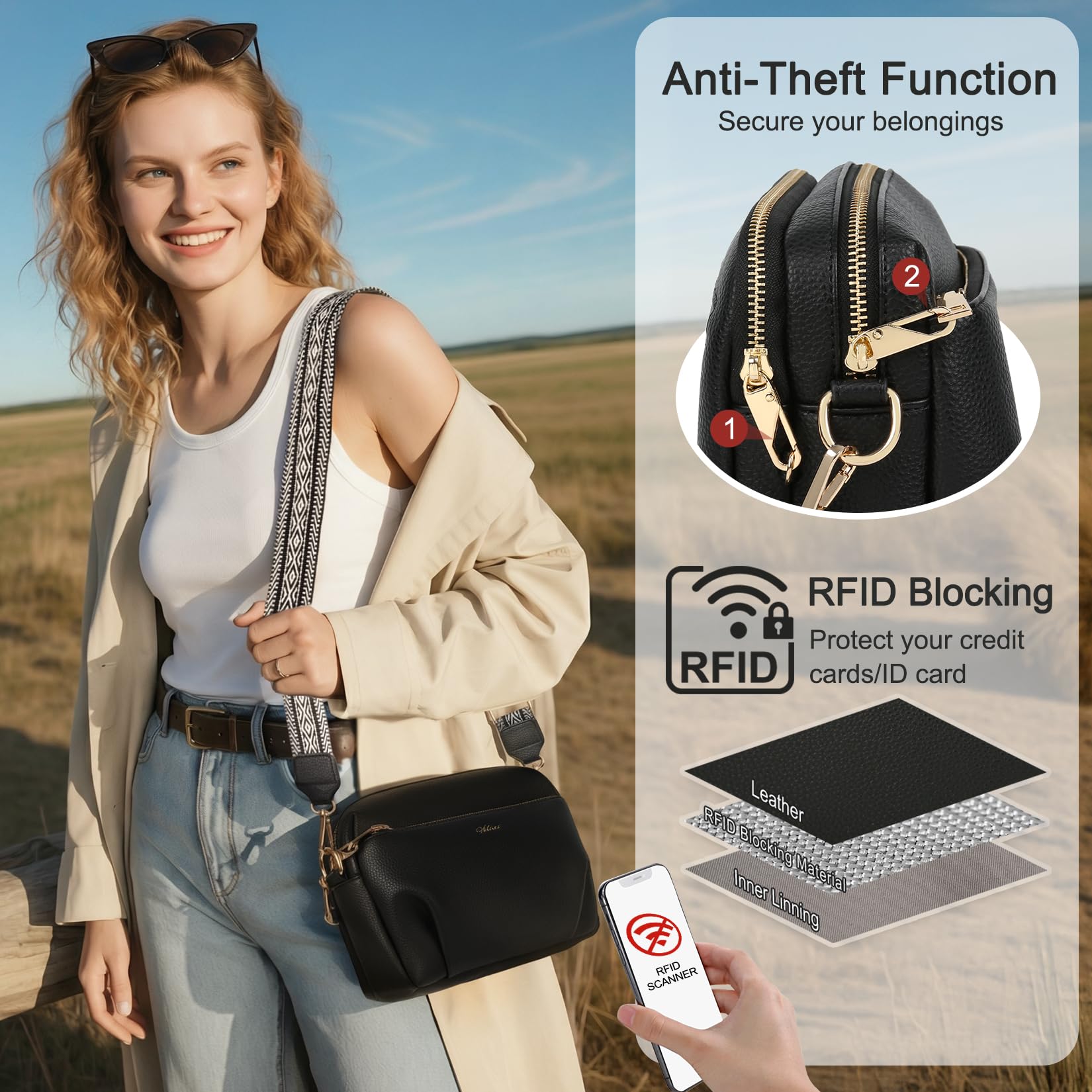 Borse a tracolla da donna Antifurto, con blocco RFID con 4 scomparti | Borse Donna Tracolla con Tracolla Ampia Regolabile e Rimovibil