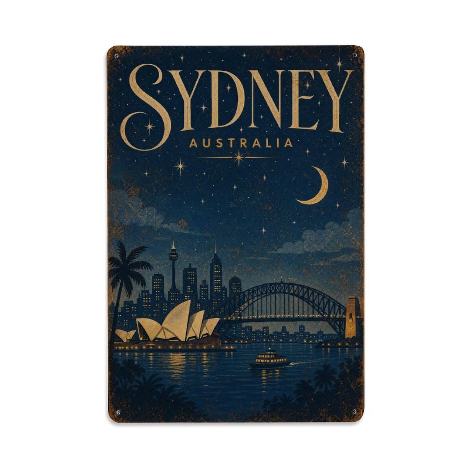 Sydney Australia Coastal Starlit Harbor Travel Vintage Metal Tin Sign