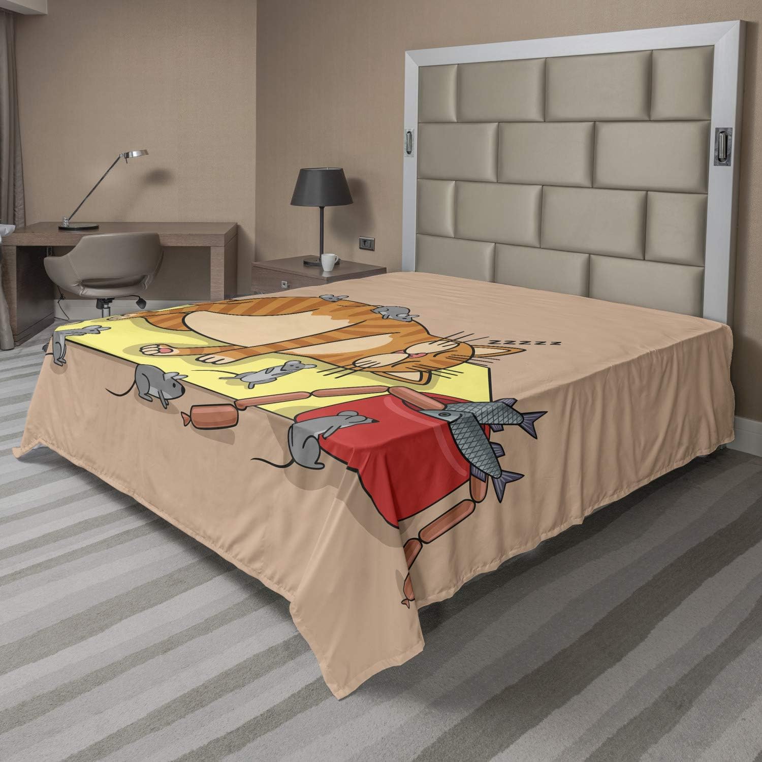 Ambesonne Cat and Mouse Flat Sheet, Colorful Cartoon Image of a Big Lazy Animal and Many Mice and Fish, Soft Comfortable Top Sheet Decorative Bedding 1 Piece, Queen Size, Almond and Multicolor