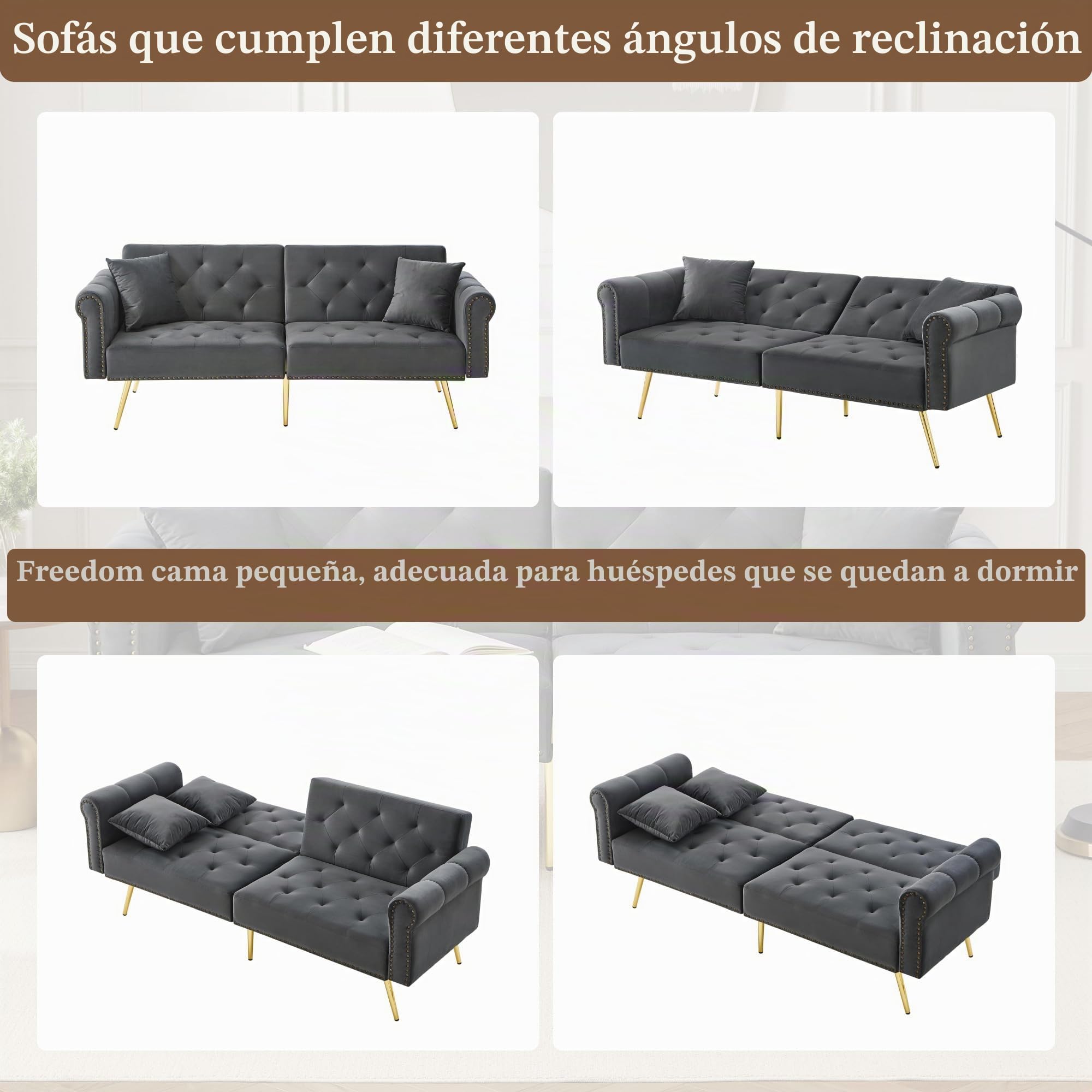 Sofá cama moderno de 2 plazas, funda de terciopelo, respaldo ajustable en 3 niveles, patas doradas, elegante dormitorio, ahorra espacio, resistente (gris)
