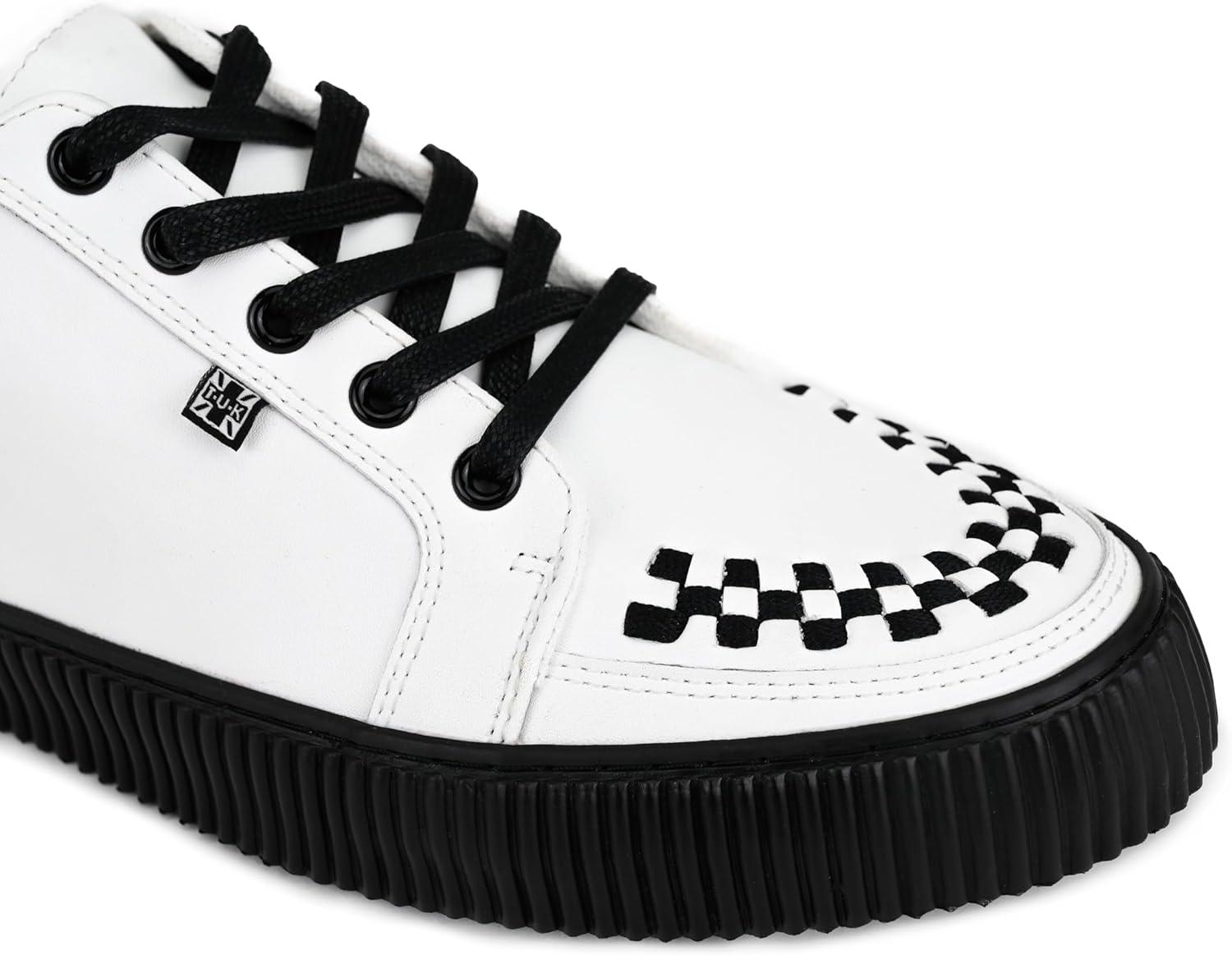 T.U.K. Leather Creeper Sneaker for Women and Men | Lace Up Shoes, Black Interlace, and Eyelets | Classic Ridged Sole and Mesh Lining | Memory Foam Comfort for Everyday Wear | White, US Women 15 / Men 14