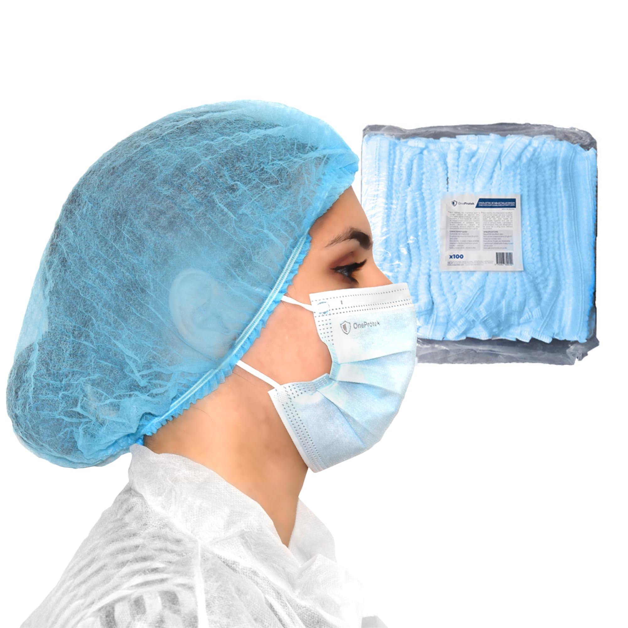 100 Gorros desechables no tejido - Gorro protectore para el cabello - Resistente, doble elásticos y antipolvo - Azul